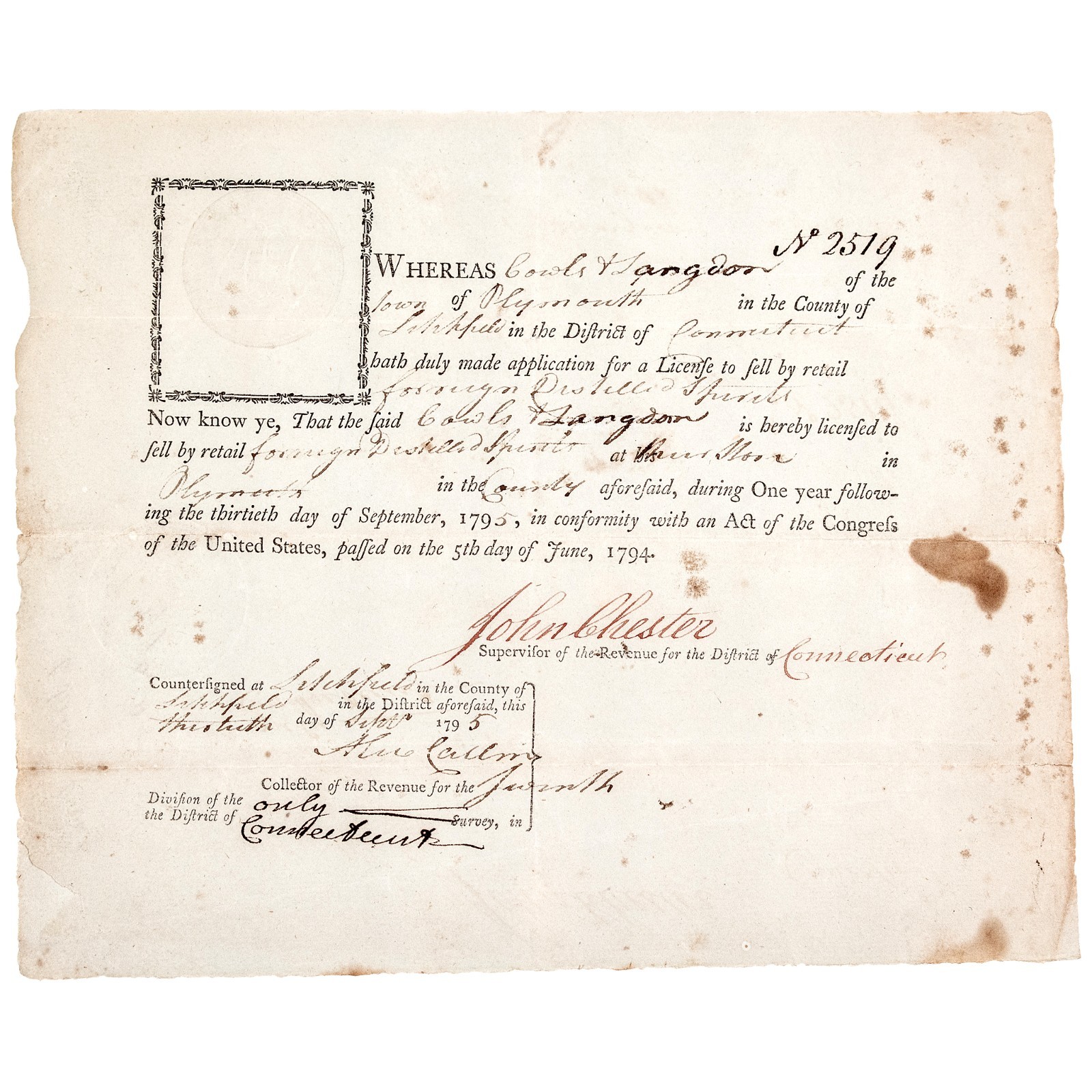 JOHN CHESTER Signed as a Connecticut “Collector of the Revenue”