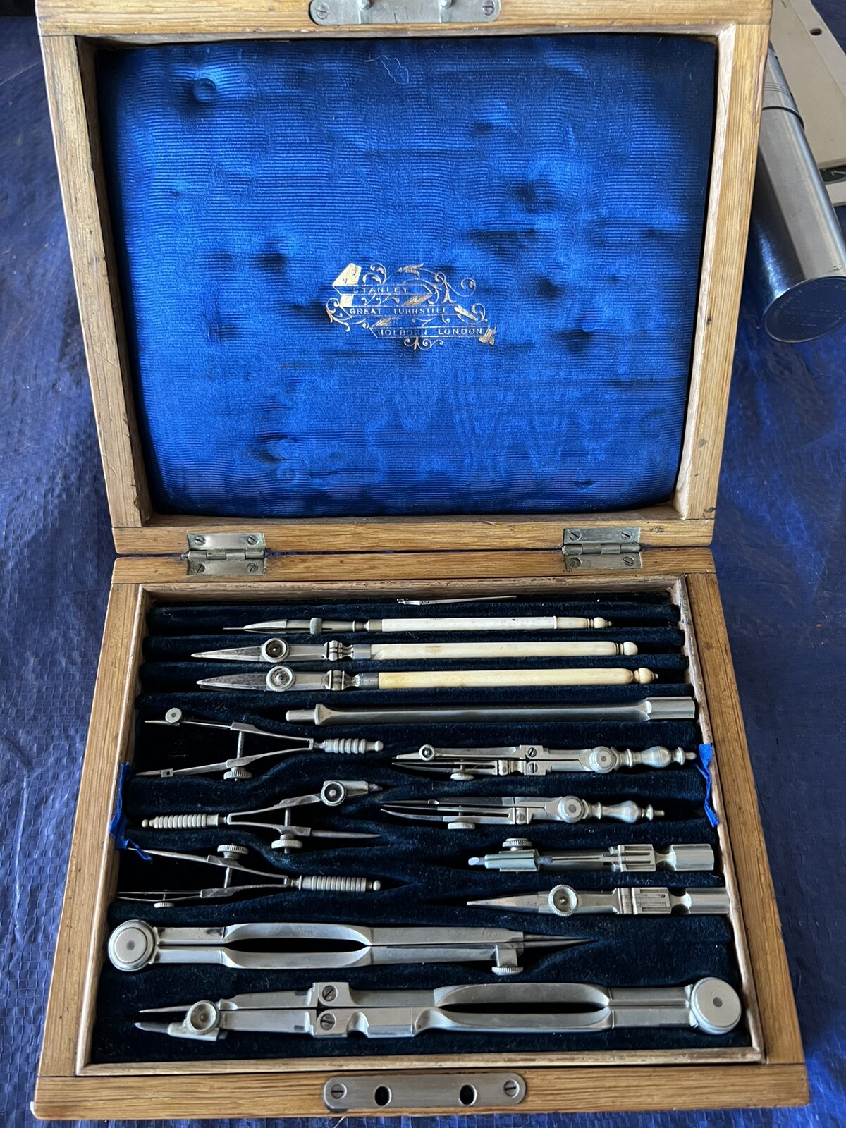 Antique Stanley Turnstile Drawing Instruments Drafting Set H.R. Larkins 1898 Antique Stanley Turnstile Drawing Instruments Drafting Set H.R. Larkins 1898