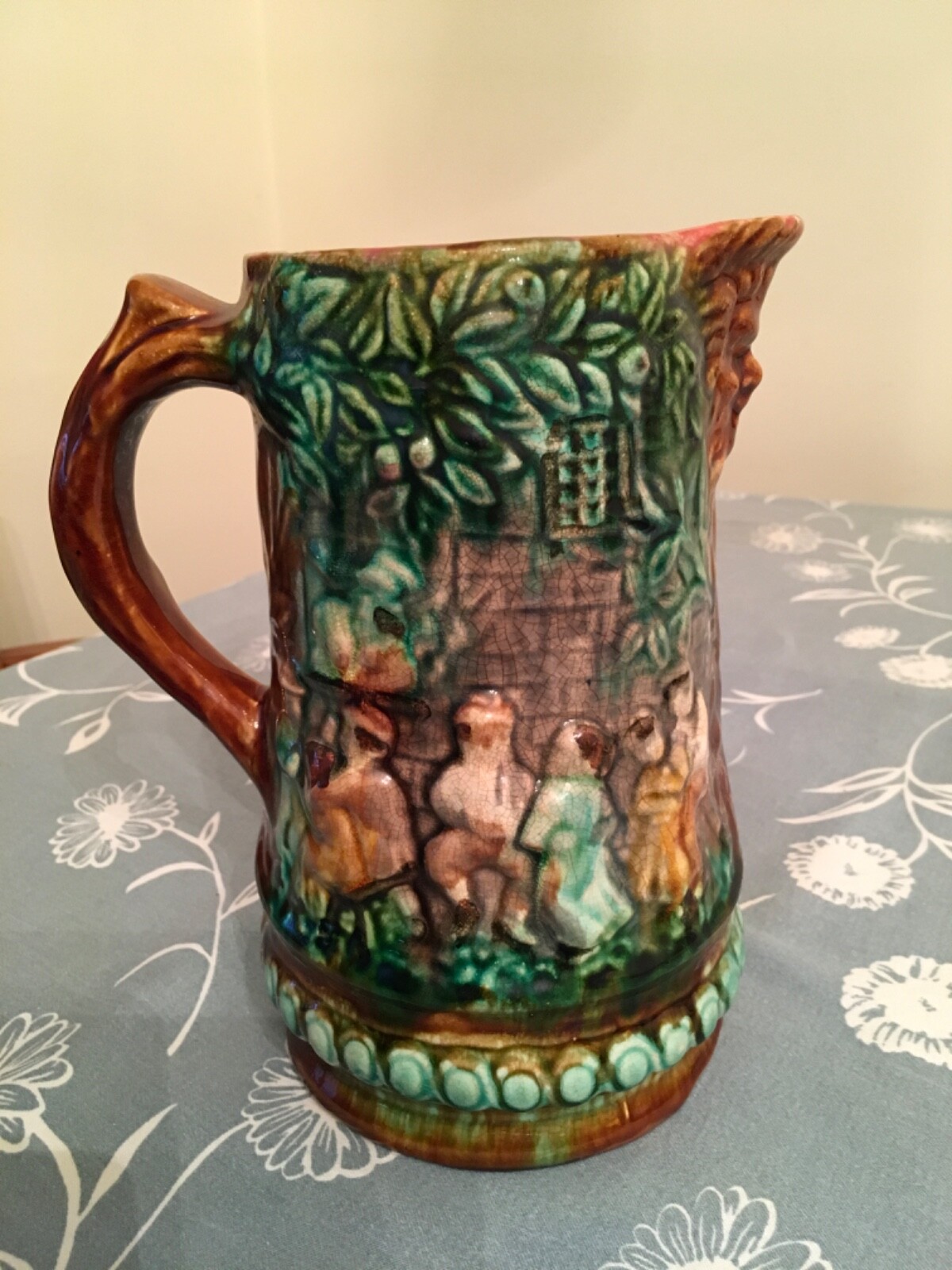 Antique French Frie Onnaing Majolica Ceramic Pitcher