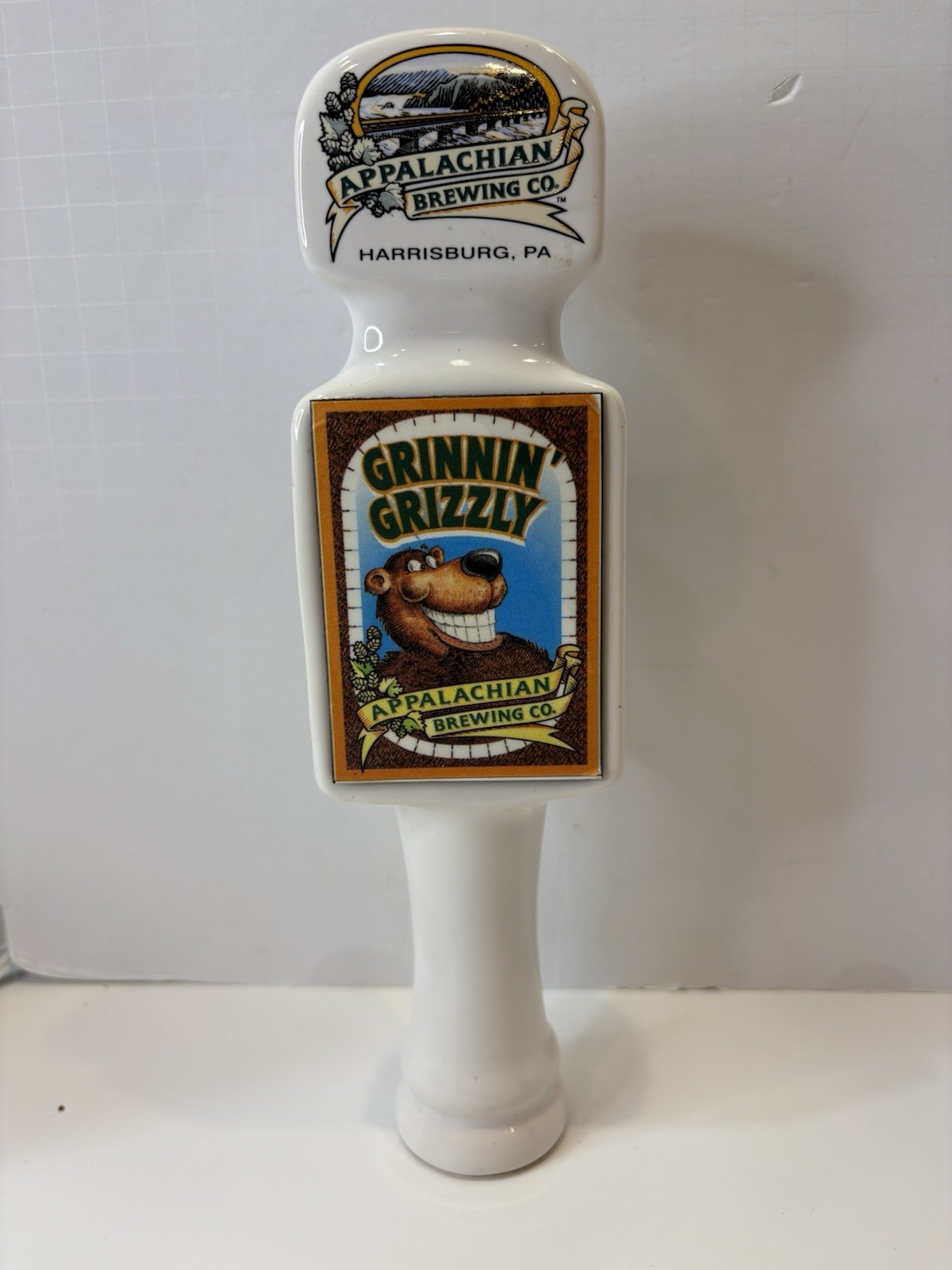 Appalachian Brewing Harrisburg PA Grinnin Grizzly Beer Tap Handle Magnetic Label Appalachian Brewing Harrisburg PA Grinnin Grizzly Beer Tap Handle Magnetic Label