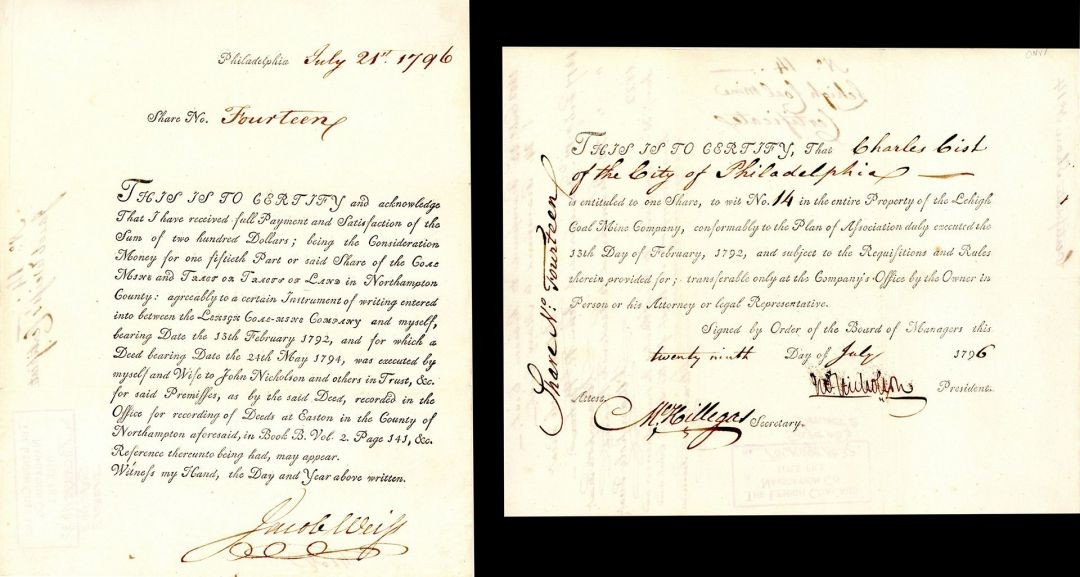 John Nicholson, Jacob Weiss and Michael Hillegas signed Early Share Certificat