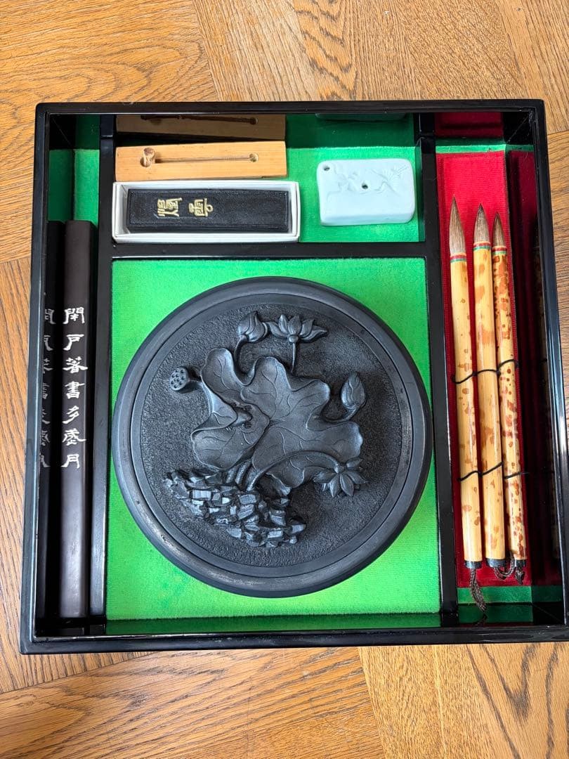 Calligraphy Tools Set with Brush Inkstone Paperweight Rare Lotus Design Used Calligraphy Tools Set with Brush Inkstone Paperweight Rare Lotus Design Used