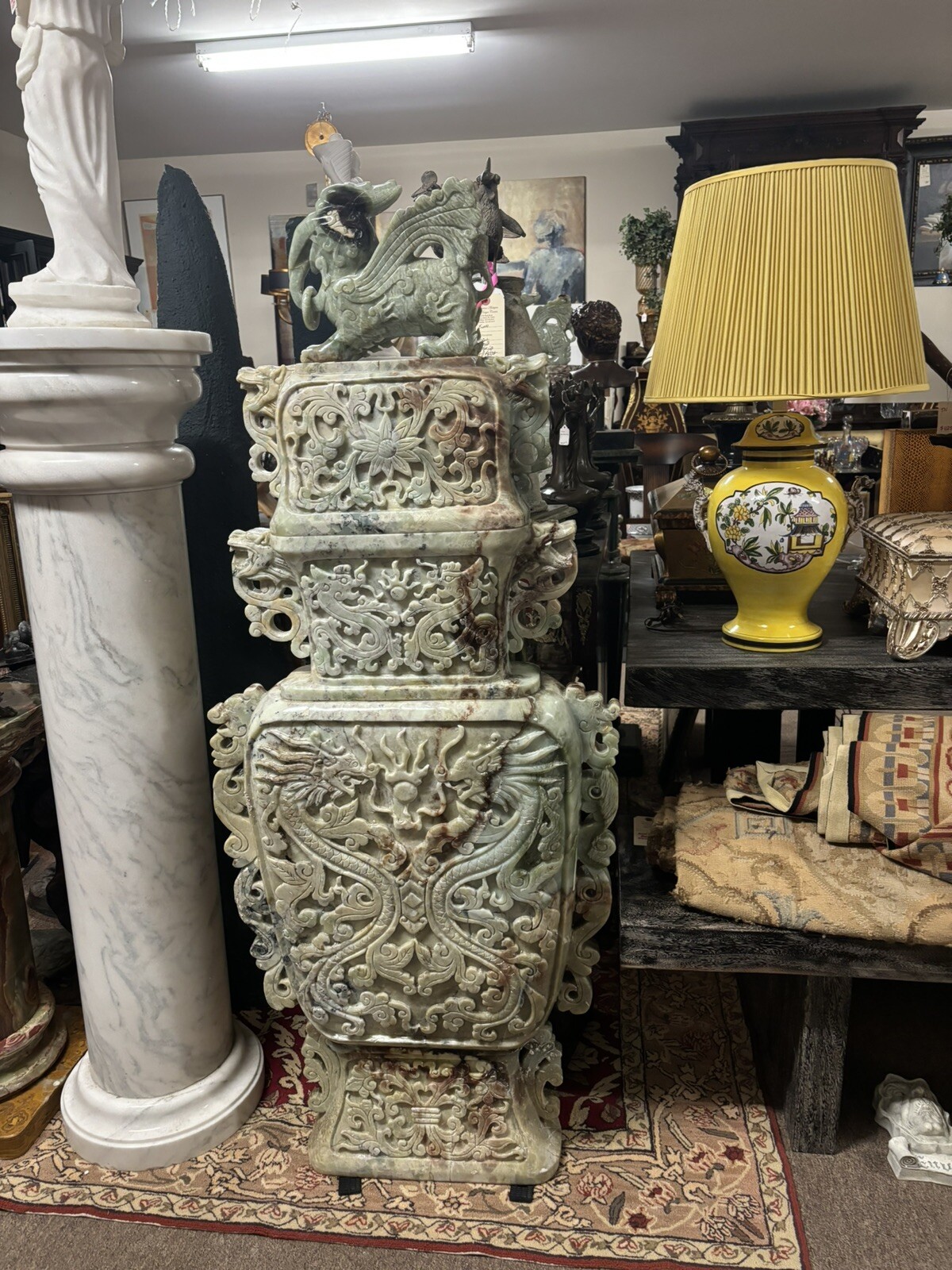 62” Tall  Carved  Pair Of Jade Chinese Lidded Vases Huge Dragon Motif