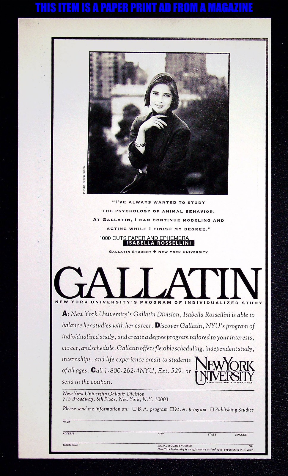 Gallatin New York University 1991 Trade Print Magazine Ad Poster ADVERT