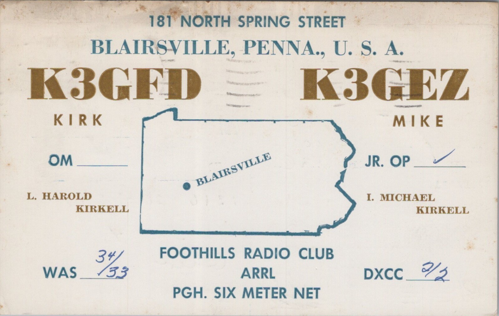 QSL postcard K3GFD K3GEZ L Harold Michael Kirkell 1961 Blairsville Pennsylvania