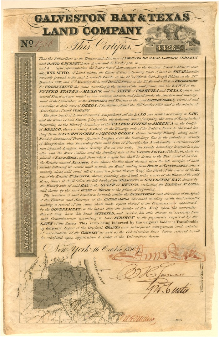 Galveston Bay and Texas Land Co. - 1830 dated Texas Bond - Texas Stocks and Bo