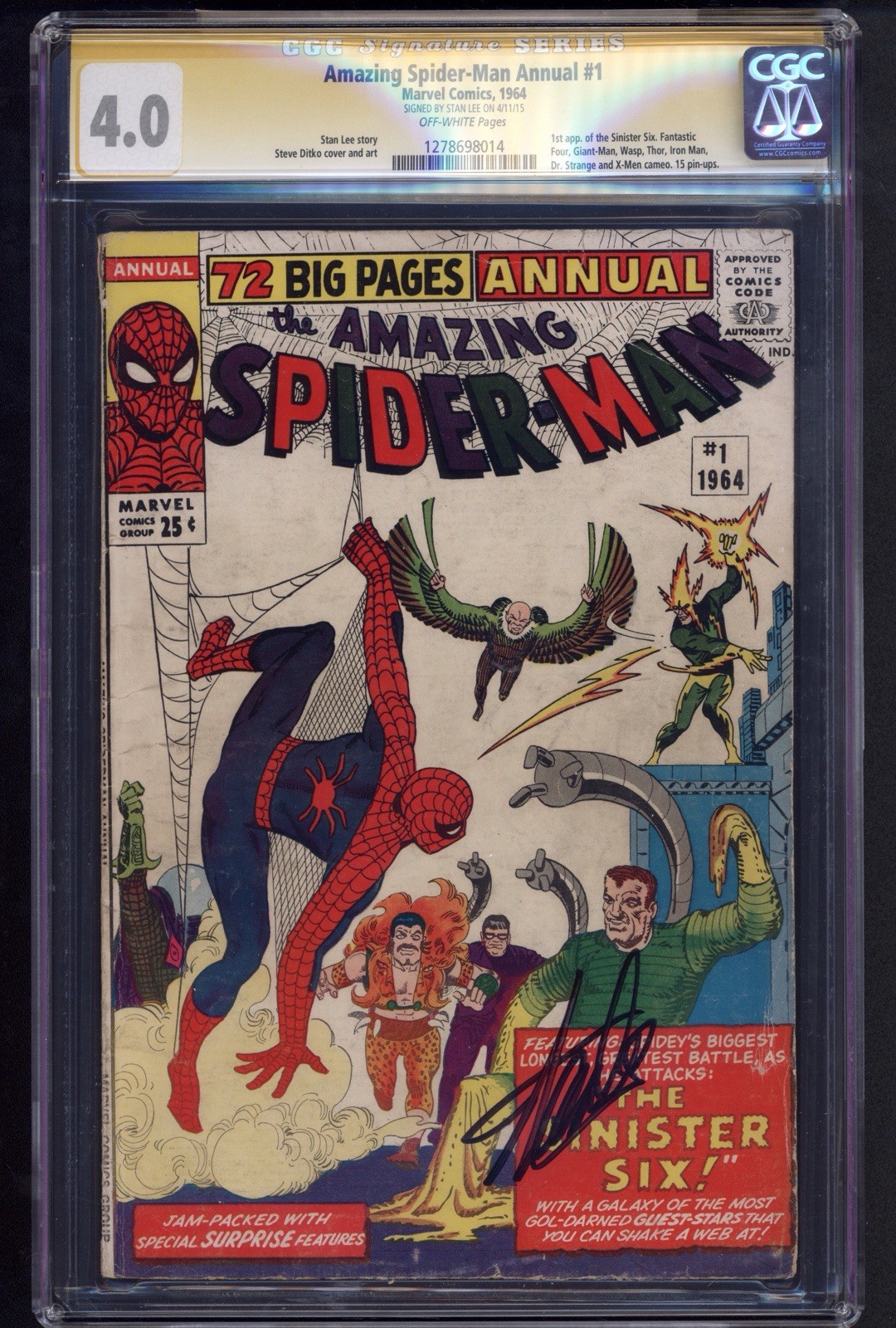 Amazing Spider-Man Annual 1 CGC SS 4.0 Stan Lee Signed Steve Ditko Art Major Key Amazing Spider-Man Annual 1 CGC SS 4.0 Stan Lee Signed Steve Ditko Art Major Key