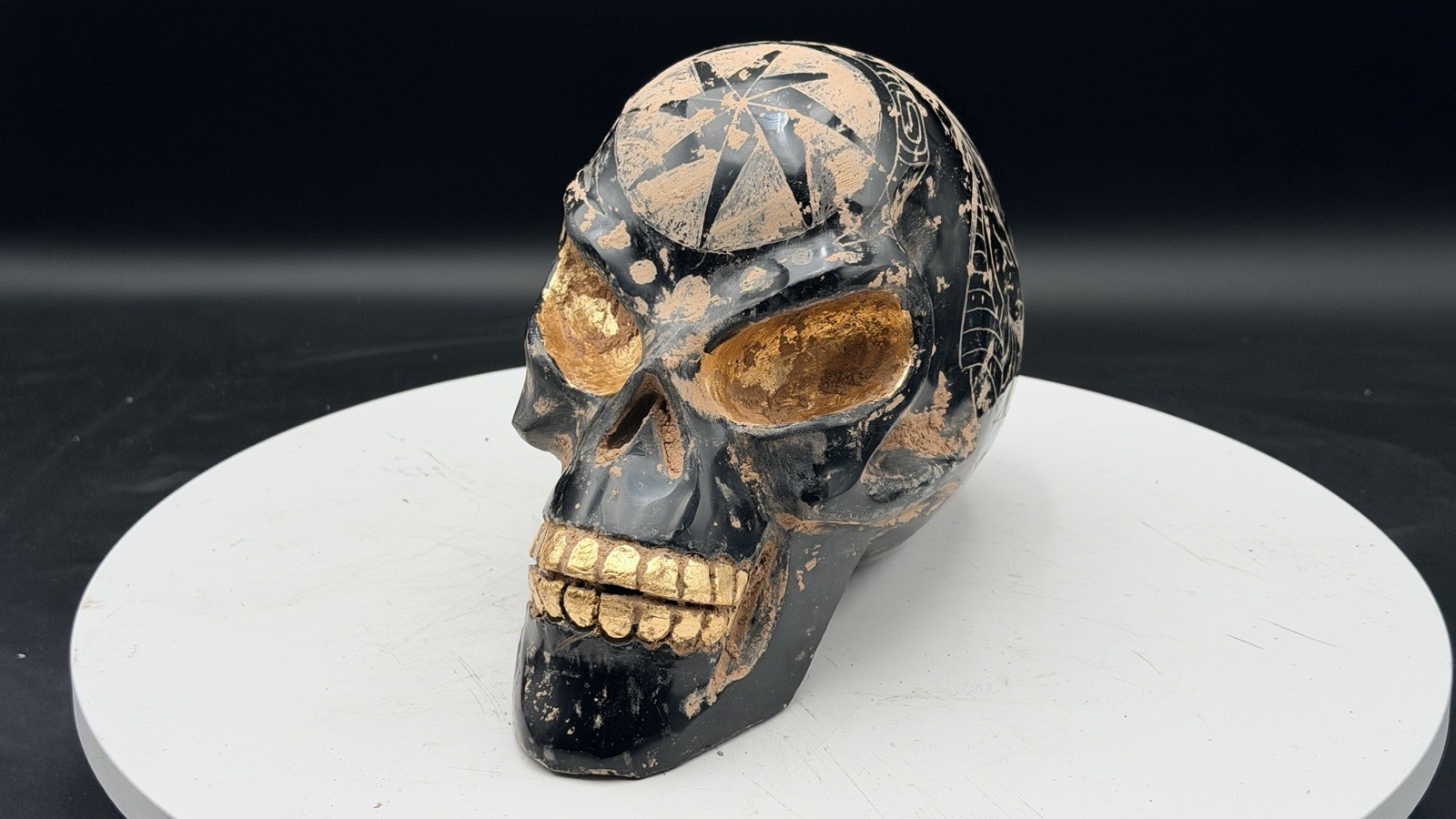 7 Kilo Guerrero Ancient Obsidian Crystal Skull Inlayed Gold Leaf Alien Ojuelos 7 Kilo Guerrero Ancient Obsidian Crystal Skull Inlayed Gold Leaf Alien Ojuelos