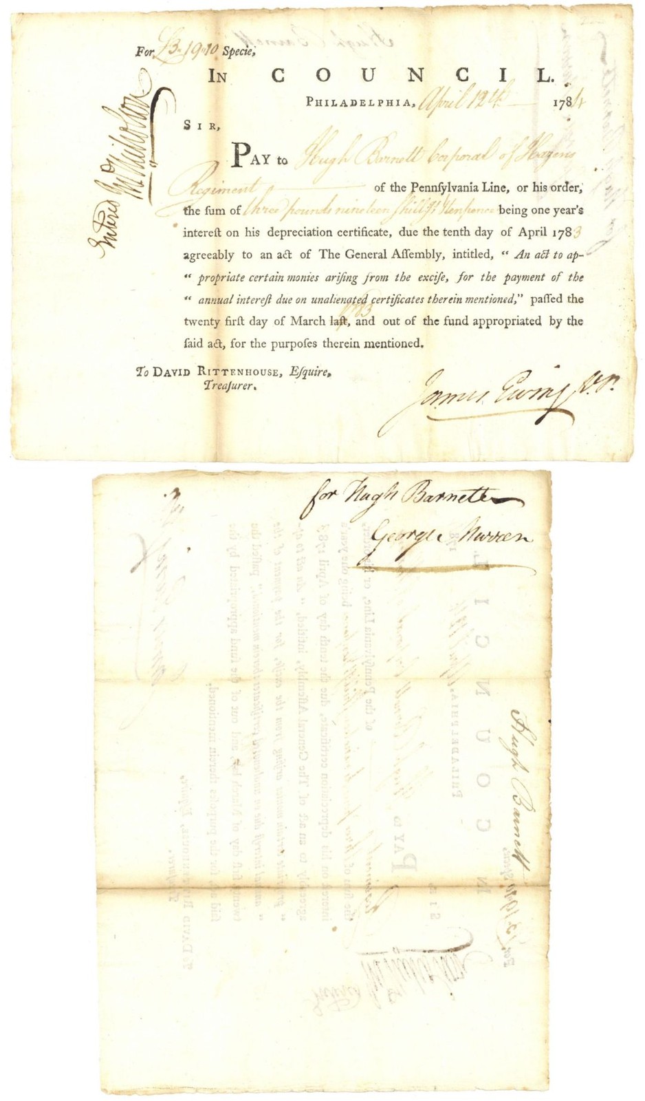 Hazens Regiment - John Nicholson Signed Certificate Paying Interest on Depreci