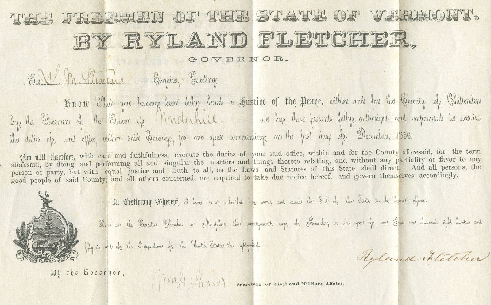 1856 VT GOVERNOR KNOW NOTHING BRIGADIER GENERAL RYLAND FLETCHER LAW COMMISSION 1856 VT GOVERNOR KNOW NOTHING BRIGADIER GENERAL RYLAND FLETCHER LAW COMMISSION