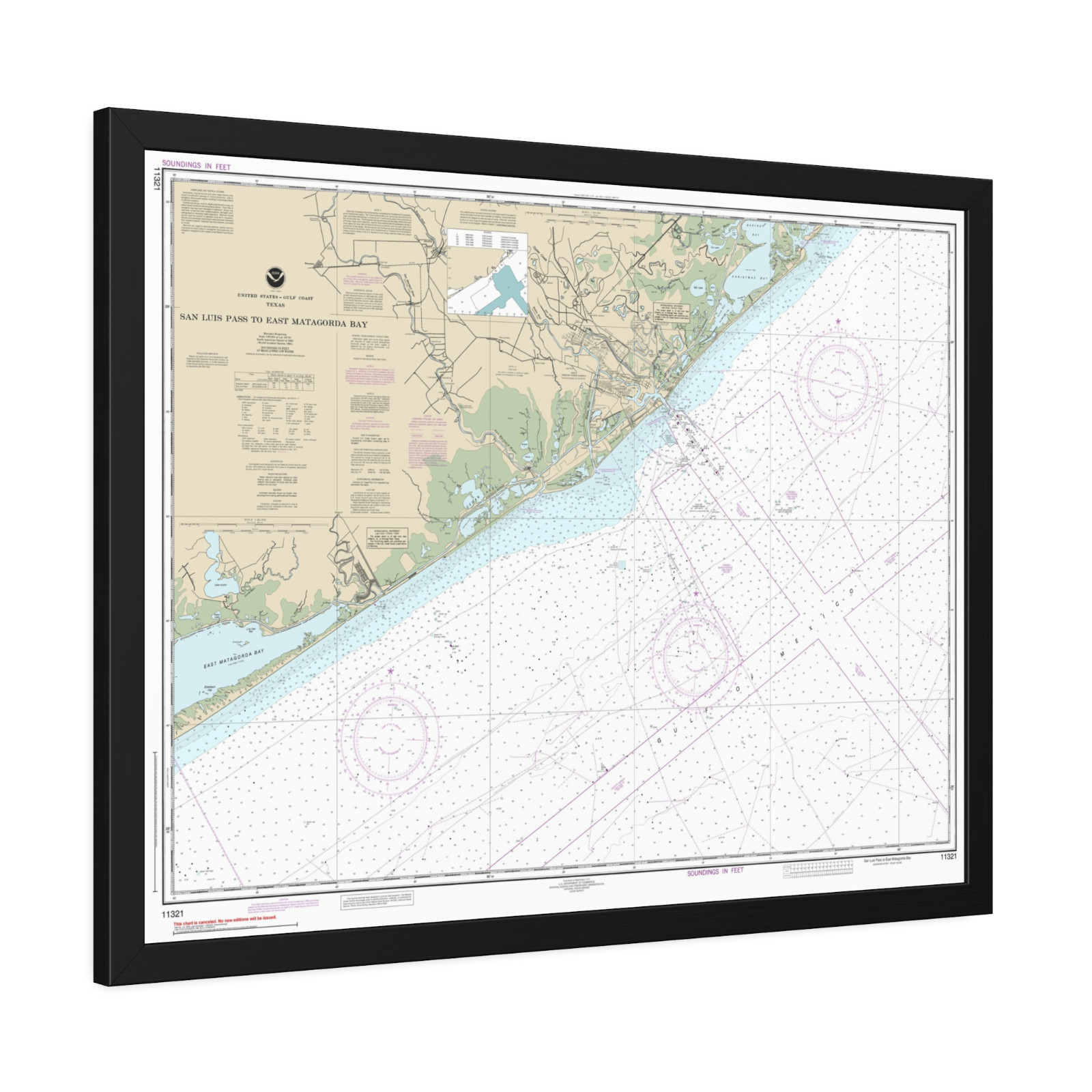 Freeport & Cedar Lakes Texas Nautical Chart Sailing Map Framed Poster 32x24