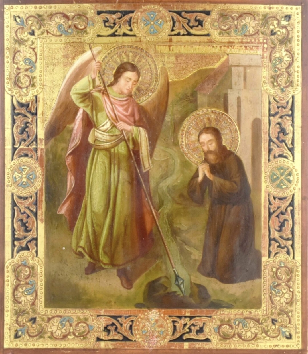 ANTIQUE 19c RUSSIAN ICON OF MIRACLE OF ST.MIHAIL IN KHONEH KOVCHEG (13252)