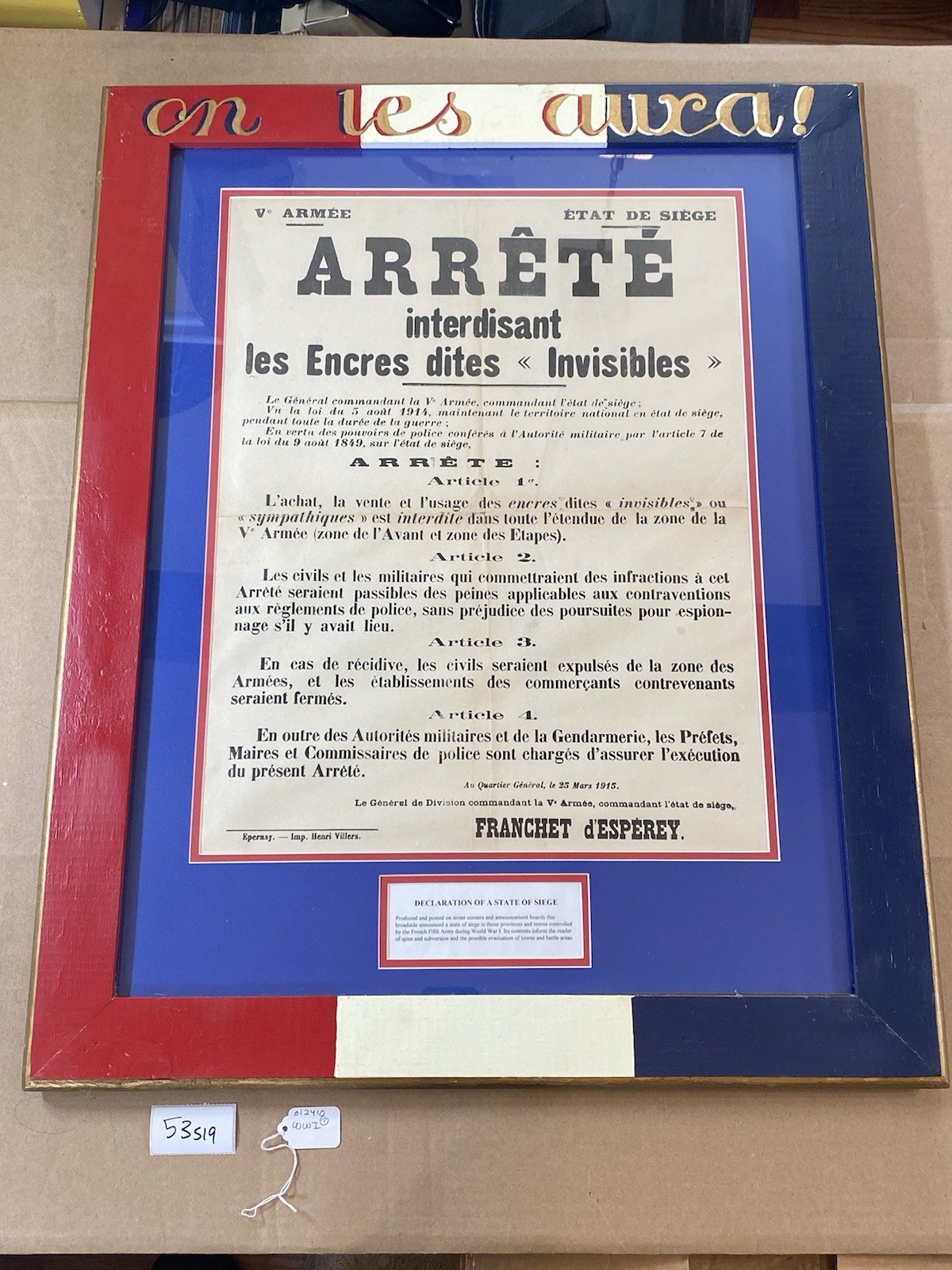 rare WW1 On Les Aura Arrête French 5th army Déclaration Of A State Siege 53S19 rare WW1 On Les Aura Arrête French 5th army Déclaration Of A State Siege 53S19