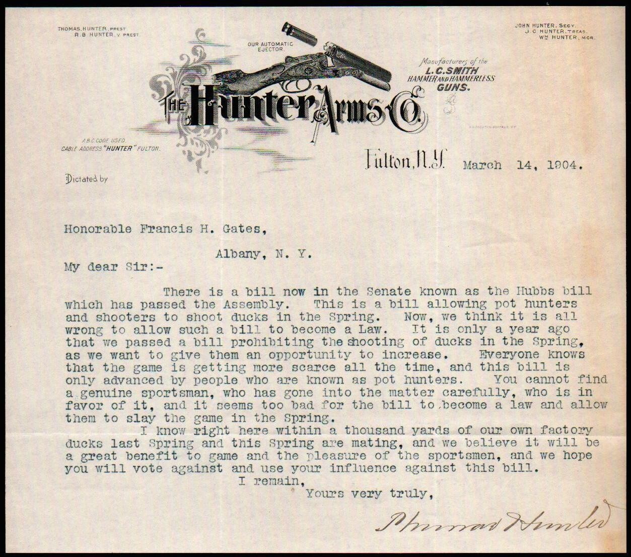 1904 Filton NY - Hunter Arms Co - Guns - RARE Sighed by Hunter Letter Head Bill
