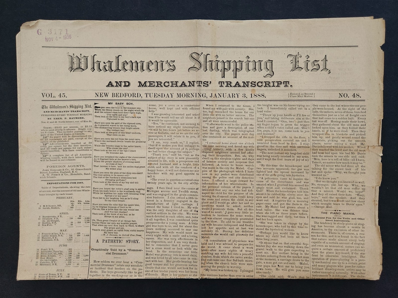 1888 antique WHALEMEN'S SHIPPING LIST NEWSPAPER new bedford ma JAN3 sperm whale