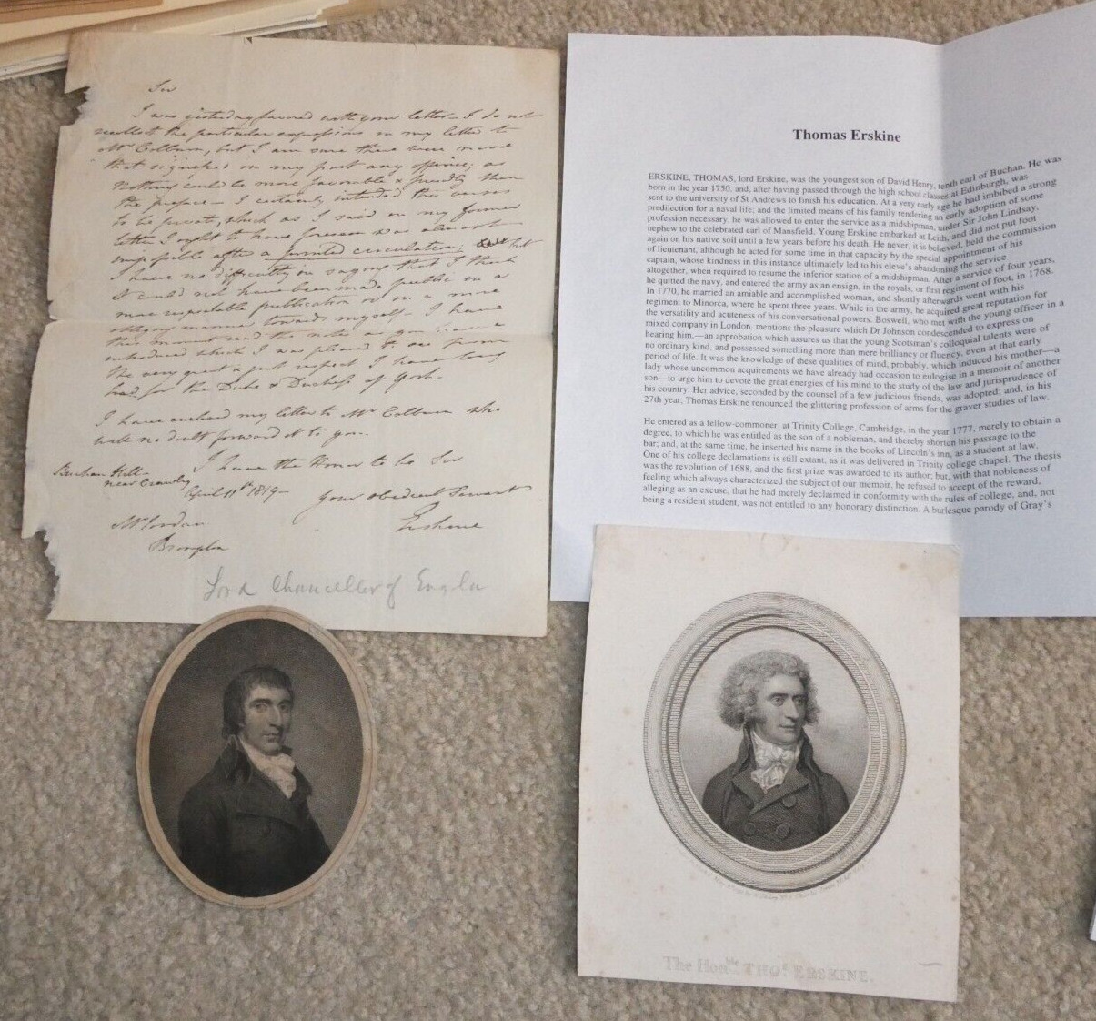 Original 1819 Signed Letter Lord Chancellor of England 1st Baron Thomas Erskine Original 1819 Signed Letter Lord Chancellor of England 1st Baron Thomas Erskine