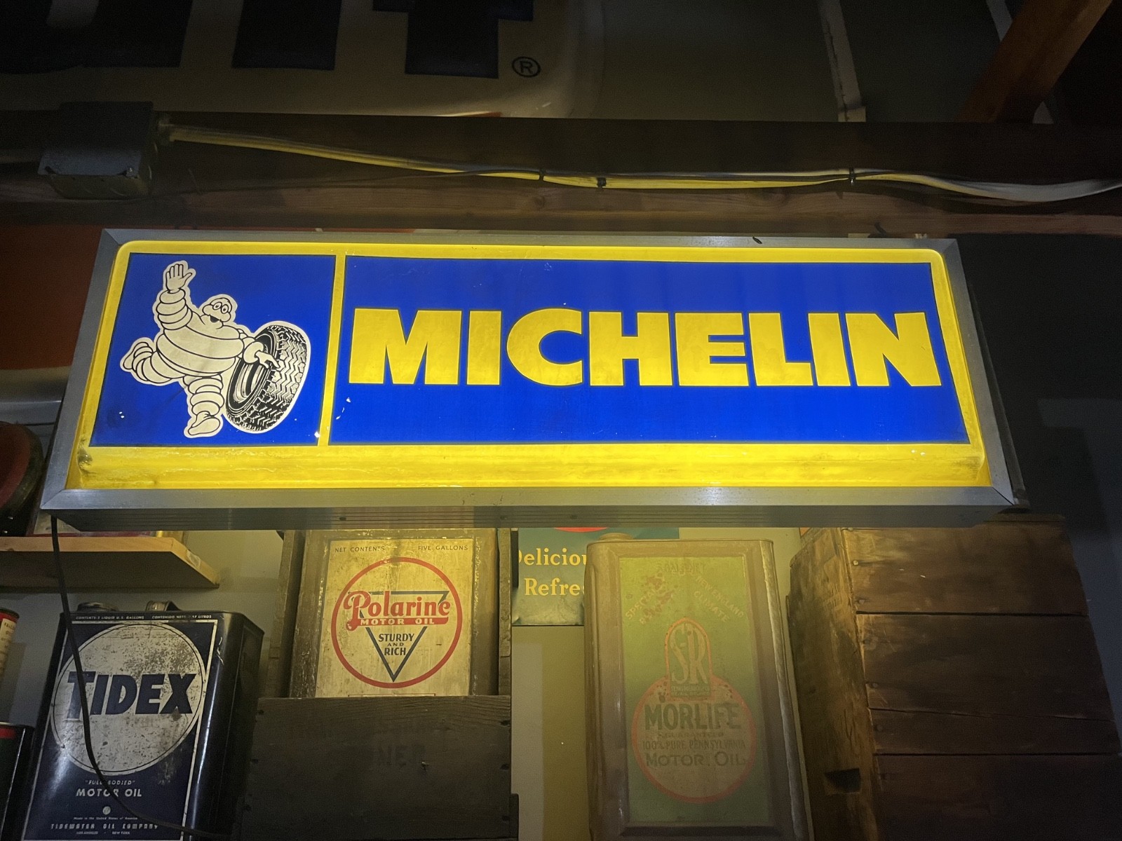 Vintage Illuminated Michelin Man Bibendum Lightbox Sign 36x13 Tire Shop Ad