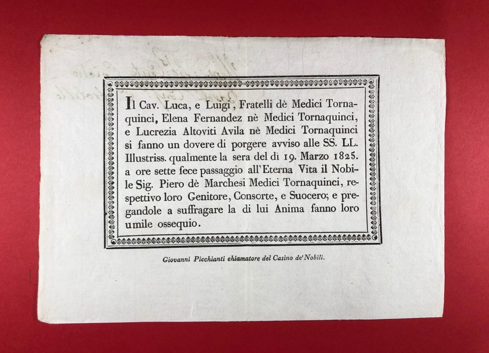 Rare Luttino - Funeral Announcement Florence Medici Tornaquinci 1825 Rare Luttino - Funeral Announcement Florence Medici Tornaquinci 1825