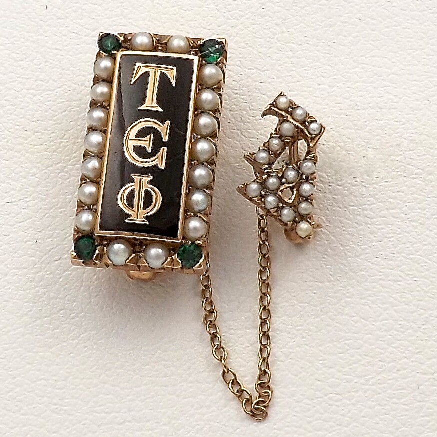 14k Gold Tau Epsilon Phi Enamel Emerald Seed Pearl Fraternity Pin Vintage 6gr