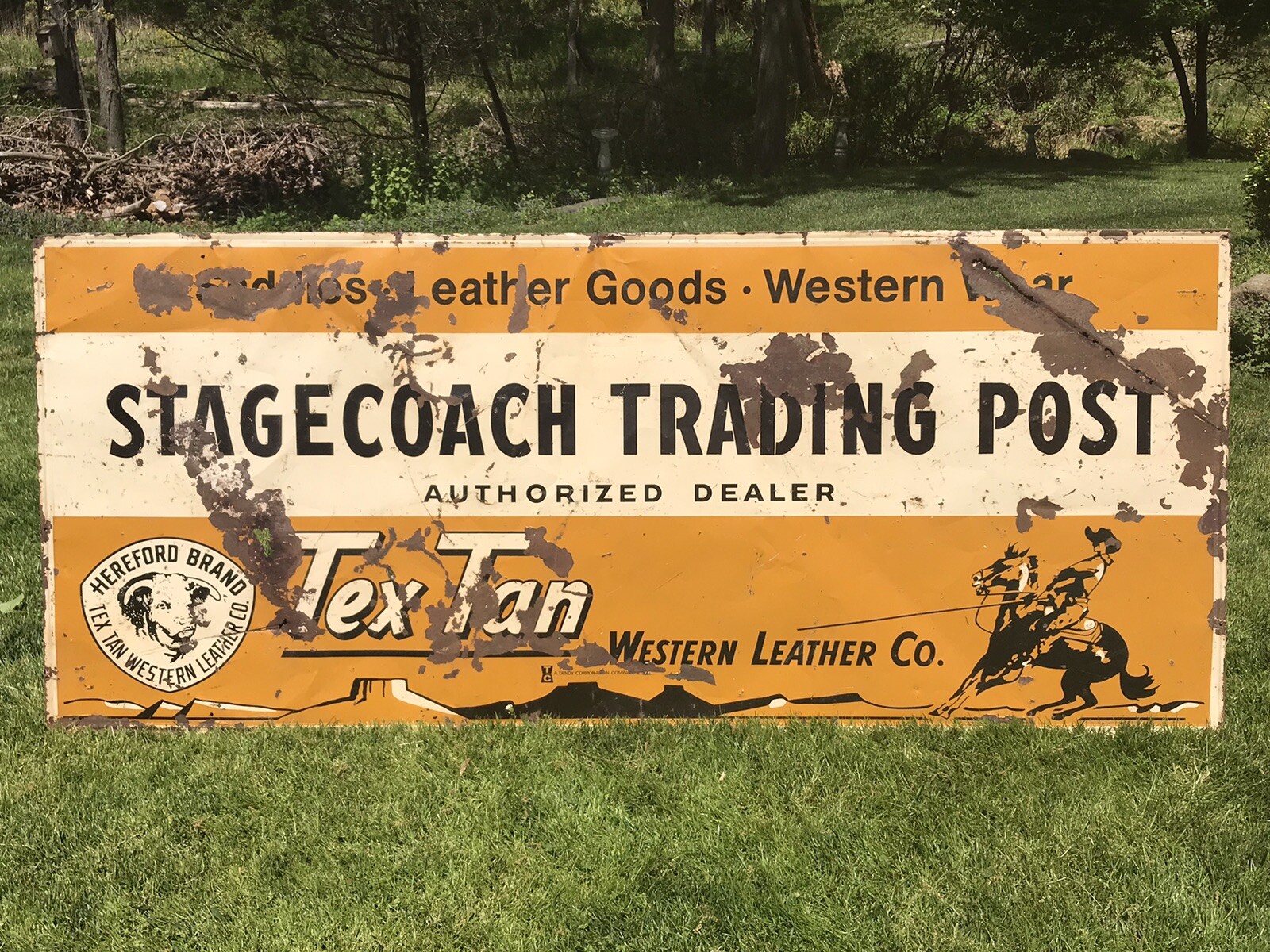 Vintage Hereford Brand Textan Leather Stagecoach Trading Post Metal Sign 7’x3’