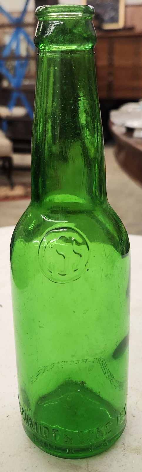 Vintage Mid 20th Century Green Glass C. Schmidt + Sons Beverage Bottle Phila Pa