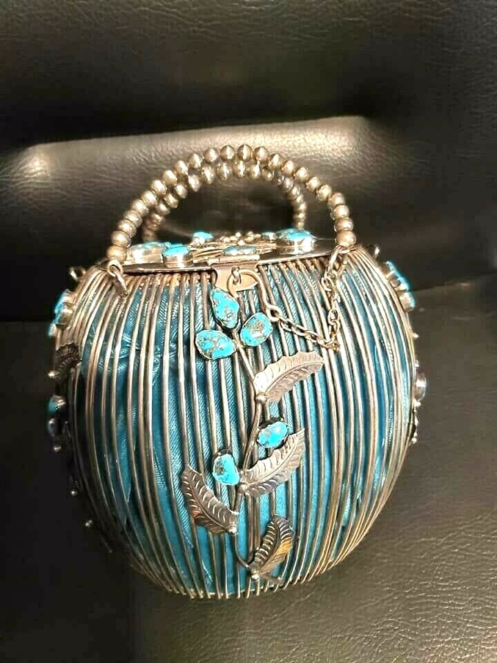 Navajo Silver Purse 35 Morenci Blue Turquoise Stones Signed Ramon Platero USA Navajo Silver Purse 35 Morenci Blue Turquoise Stones Signed Ramon Platero USA