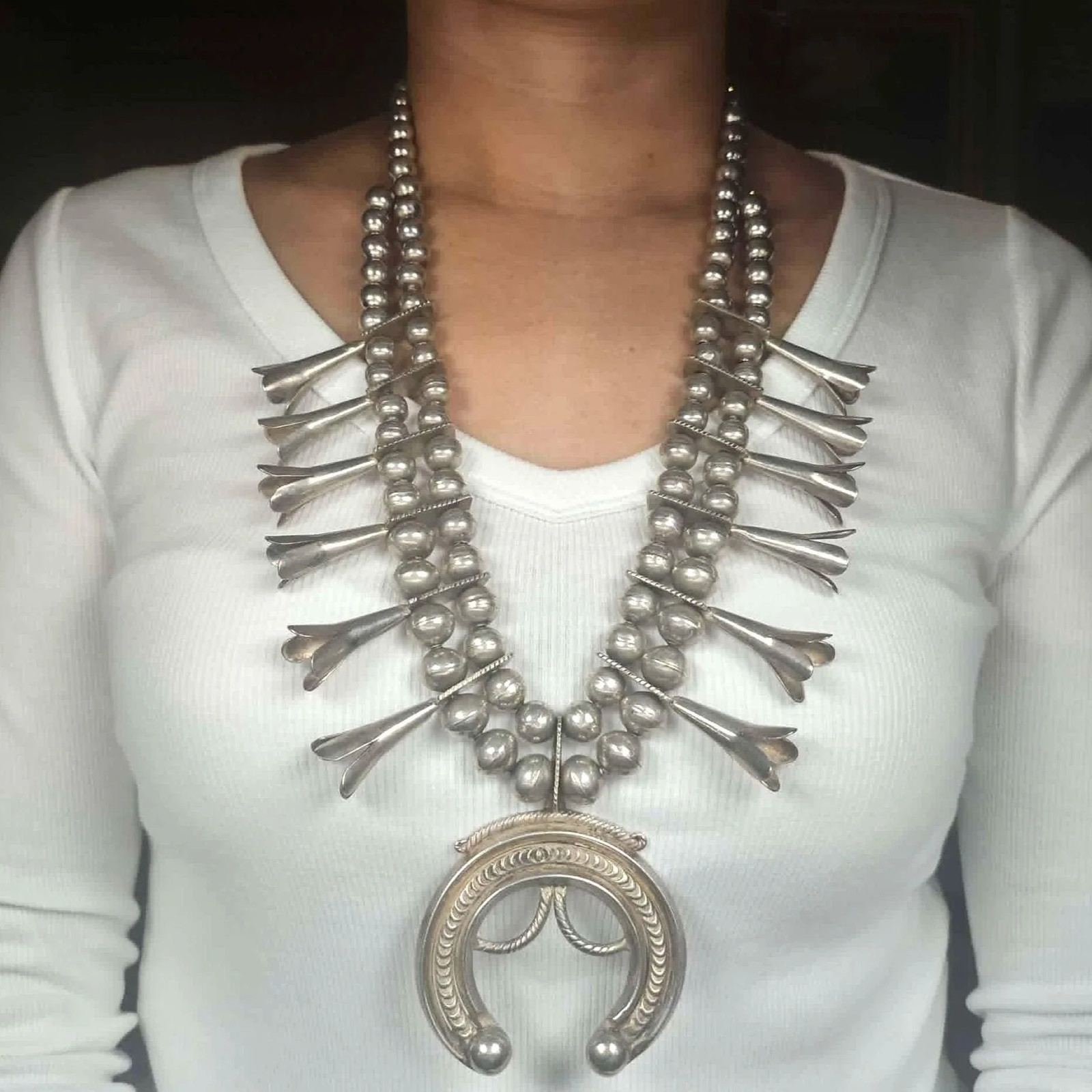 c1920's Antique Navajo Ingot silver squash blossom Necklace with ornate Naja c1920's Antique Navajo Ingot silver squash blossom Necklace with ornate Naja