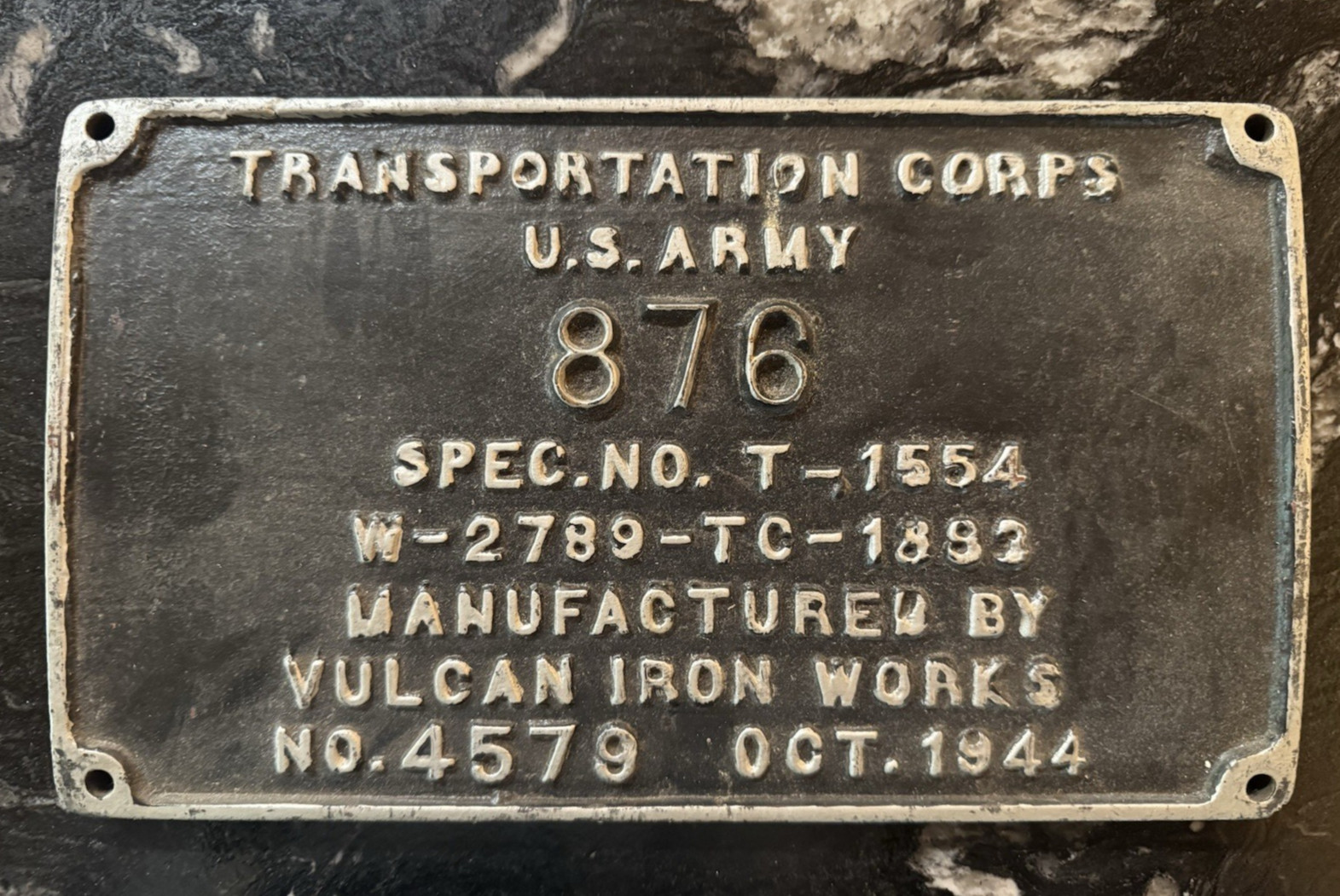 Vulcan Iron Works No 876 Wilkes Barre PA Luzerne County 1944 Builders Plate