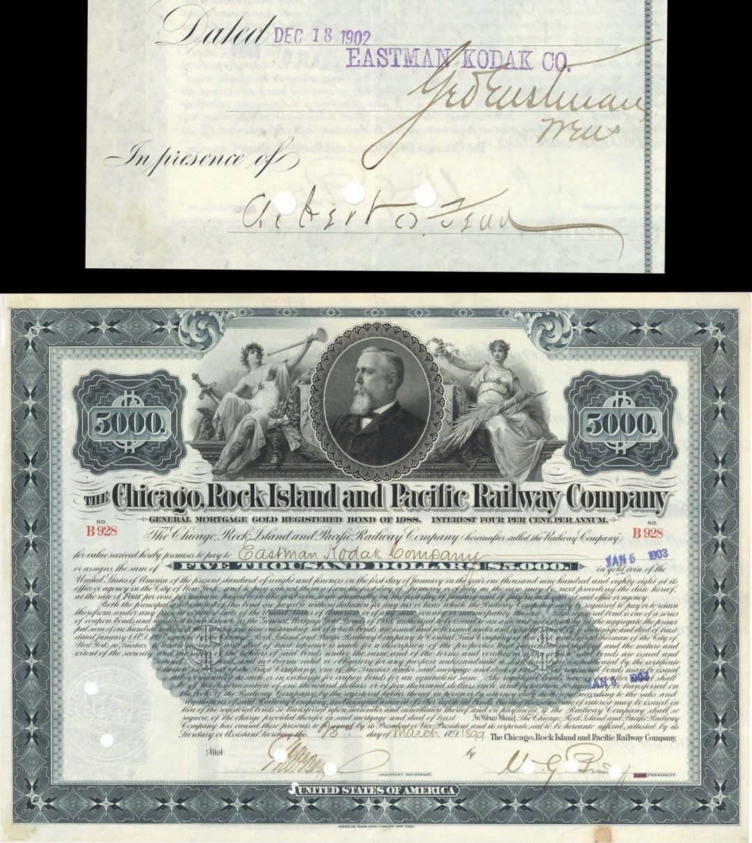 Chicago, Rock Island and Pacific Railway Signed by Geo Eastman - 1899 dated $5 Chicago, Rock Island and Pacific Railway Signed by Geo Eastman - 1899 dated $5