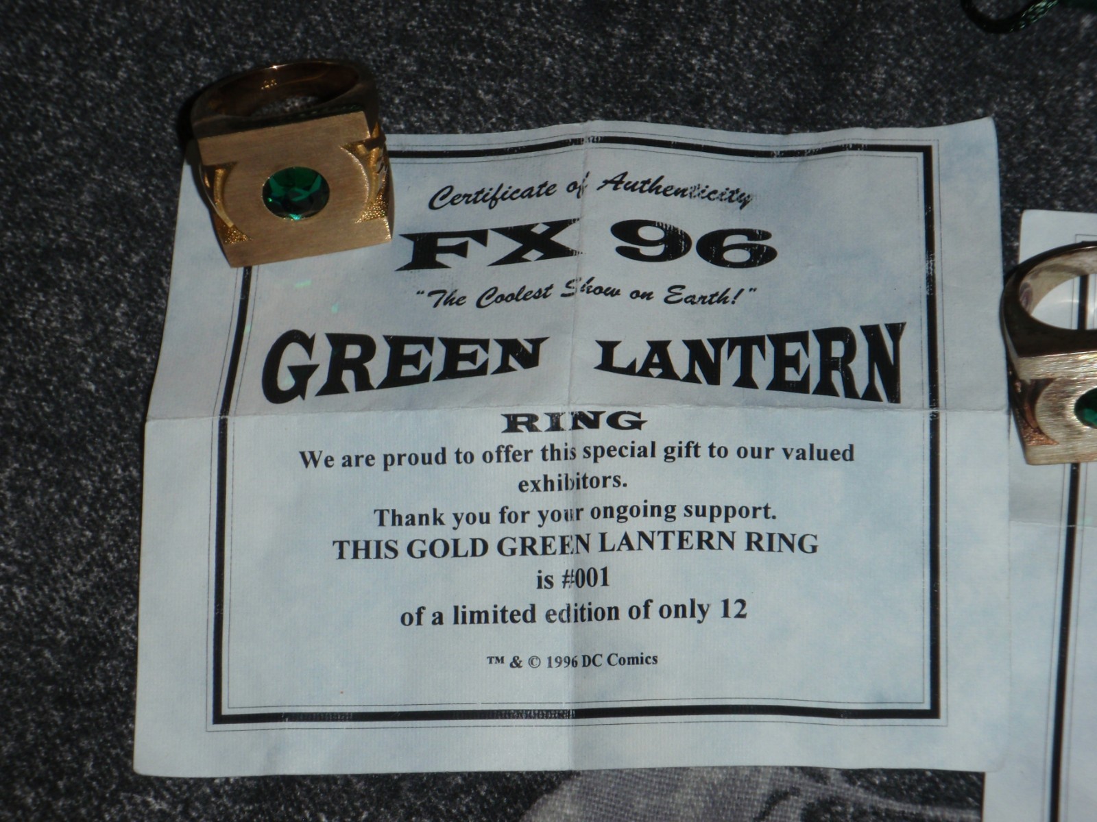 Green Lantern FX96 Ring #001 Gold, #001 Silver, #001 Brass complete matched set Green Lantern FX96 Ring #001 Gold, #001 Silver, #001 Brass complete matched set