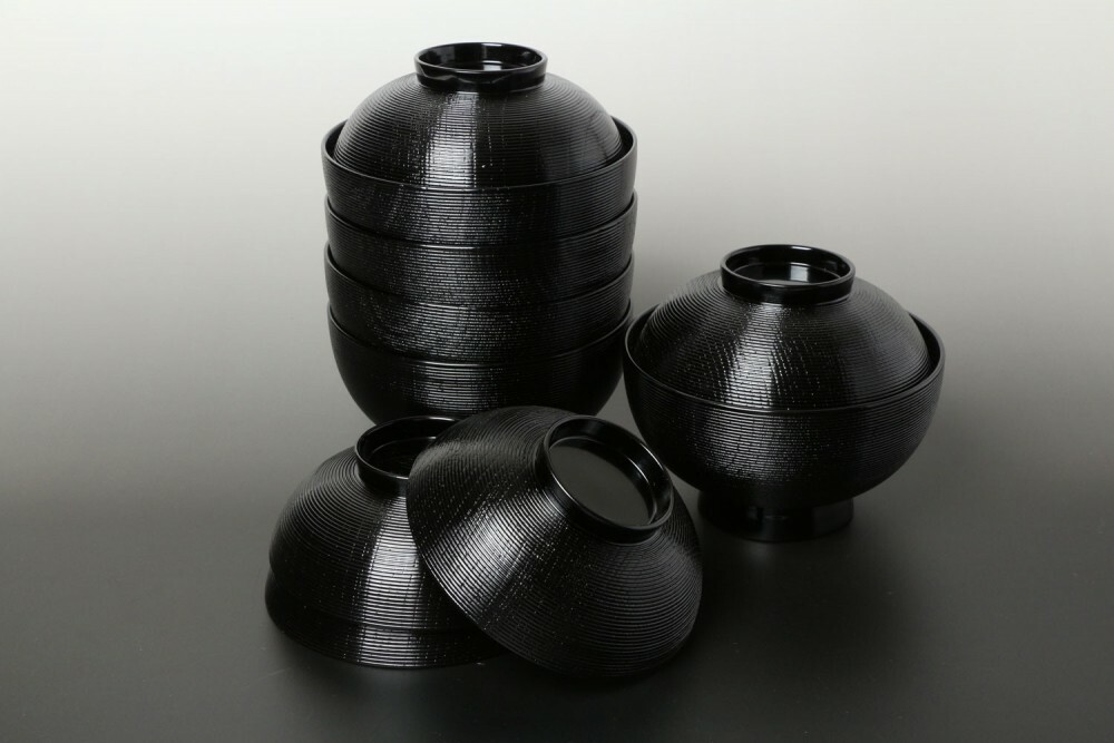 Owan Japanese soup bowl Echizen Lacquerware Handcraft 5set Chisuji Stripe Black Owan Japanese soup bowl Echizen Lacquerware Handcraft 5set Chisuji Stripe Black