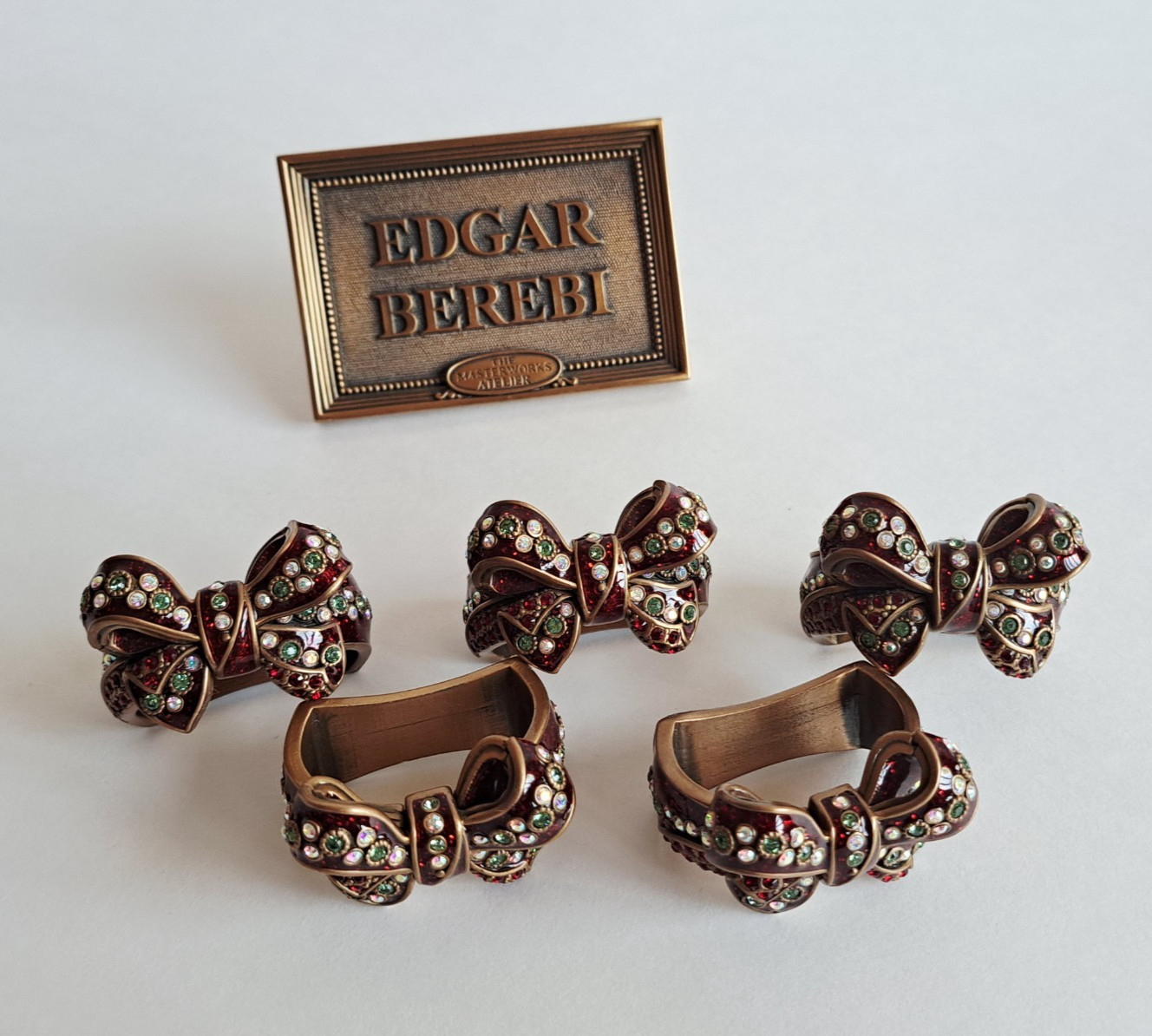 New Edgar Berebi Red Bow with Crystals Set of 5 Napkin Rings
