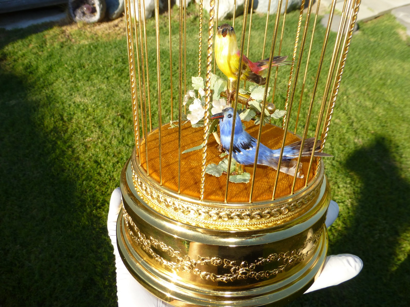 EXC Vintage Swiss Reuge Singing Bird Cage Gold Filled Cage Two Birds Model