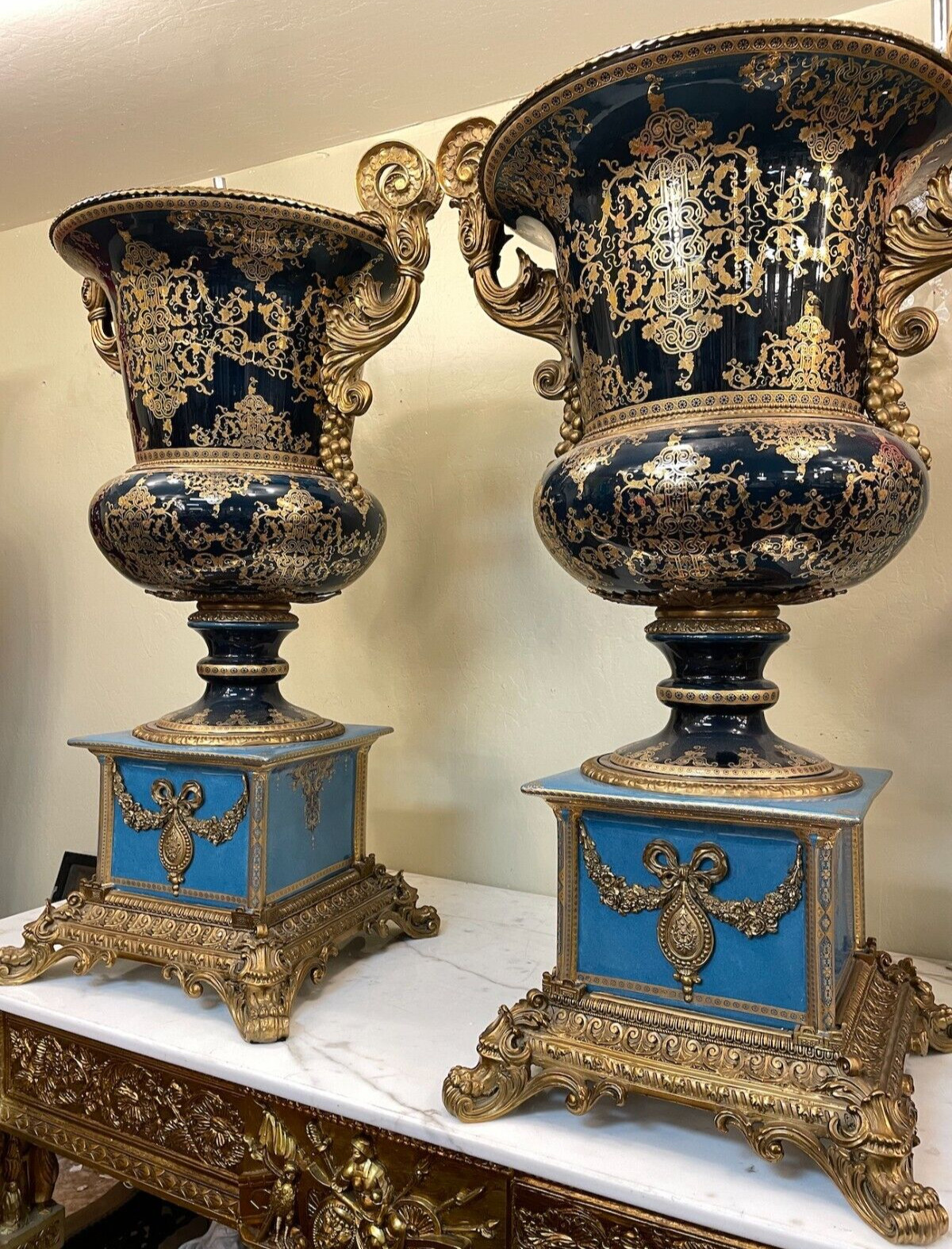 Spectacular Large Pair of Porcelain, 24k Gold Leaf Bronze Vases Spectacular Large Pair of Porcelain, 24k Gold Leaf Bronze Vases