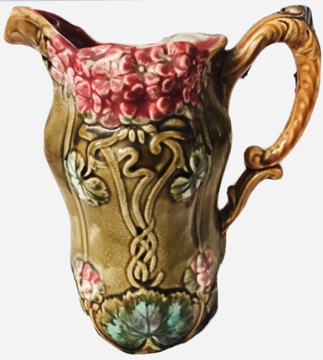 ANTIQUE FRIE ONNAING MAJOLICA PITCHER WITH FLOWERS POTTERY FRANCE # 758 RARE ANTIQUE FRIE ONNAING MAJOLICA PITCHER WITH FLOWERS POTTERY FRANCE # 758 RARE