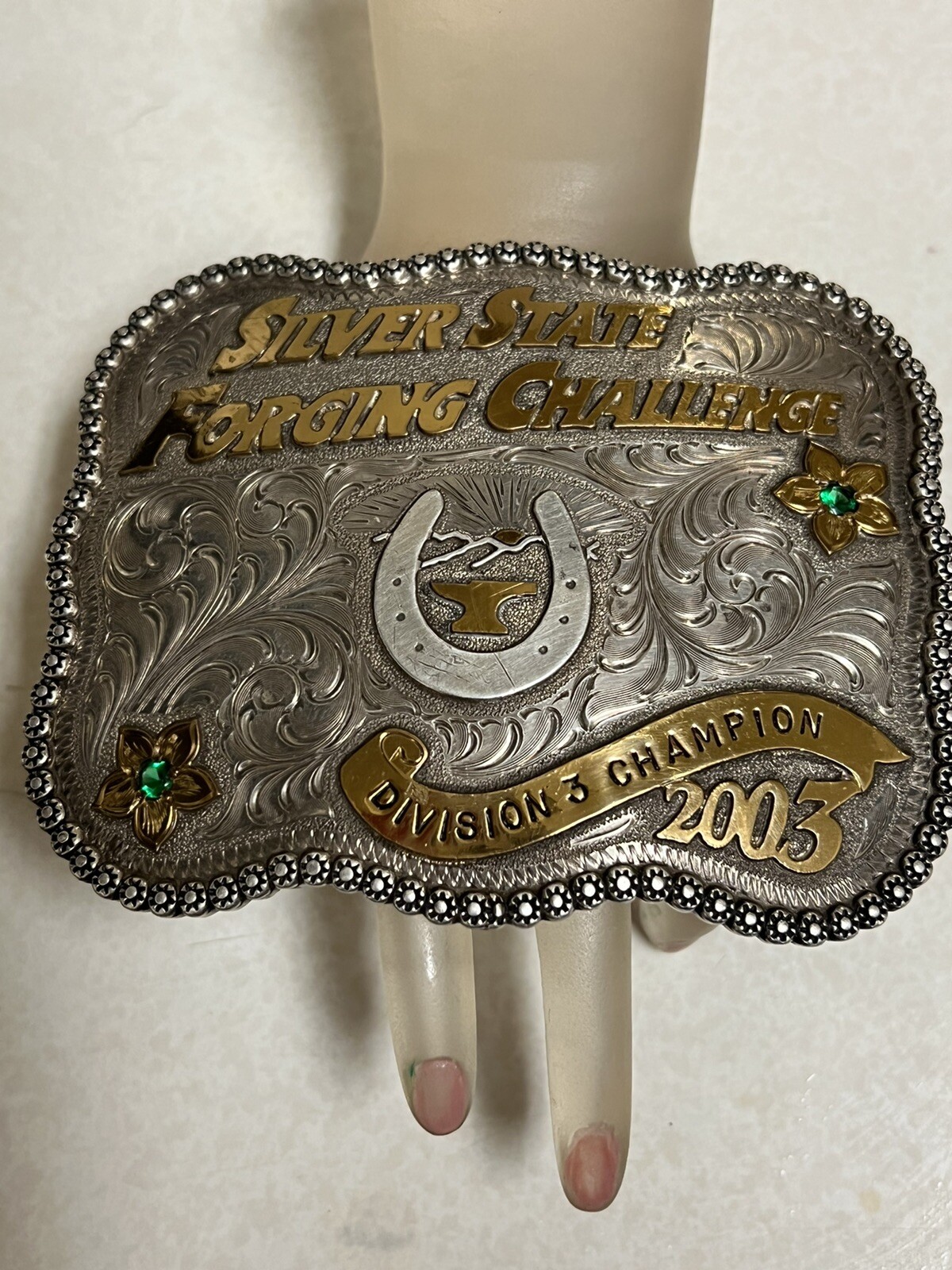 NICK CUNNINGHAM CHAMPIONSHIP BELT BUCKLE STERLING EMERALD SILVER ESTATE 2003 NICK CUNNINGHAM CHAMPIONSHIP BELT BUCKLE STERLING EMERALD SILVER ESTATE 2003
