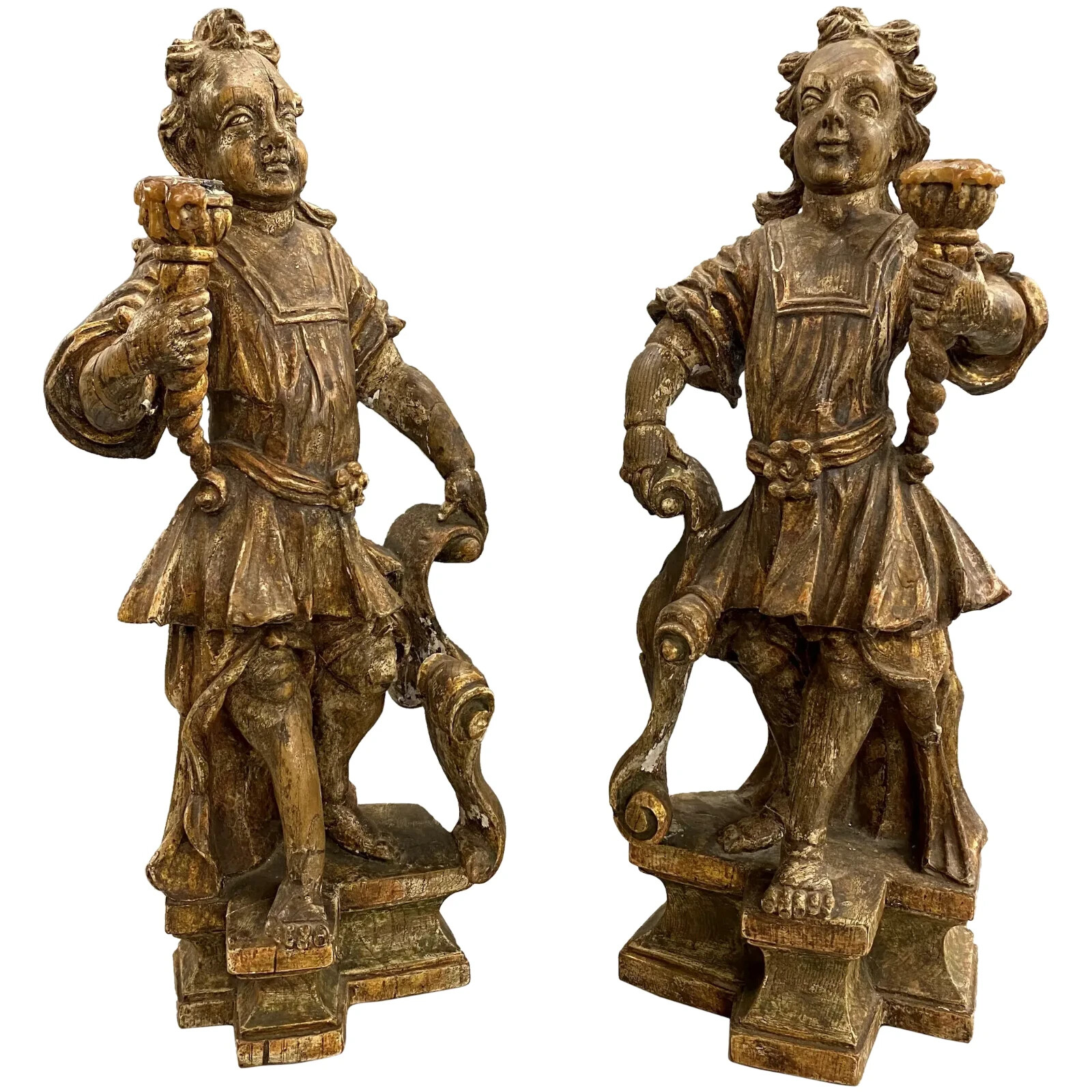 Pair of 18th Century Continental Figural Carved Polychrome & Gilt Candle Holders