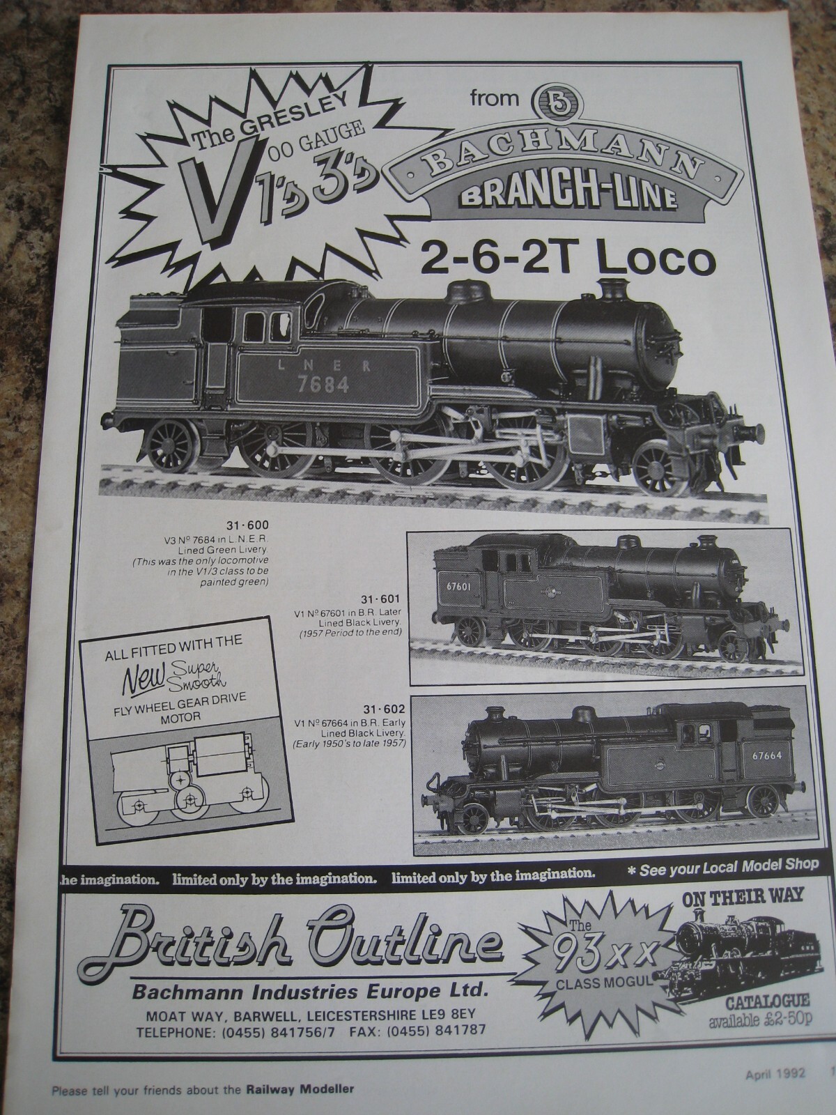 BACHMANN BRANCH-LINE 2-6-2T LOCO BRITISH OUTLINE LEICESTE 1992 ADVERT A4 FILE 47 BACHMANN BRANCH-LINE 2-6-2T LOCO BRITISH OUTLINE LEICESTE 1992 ADVERT A4 FILE 47