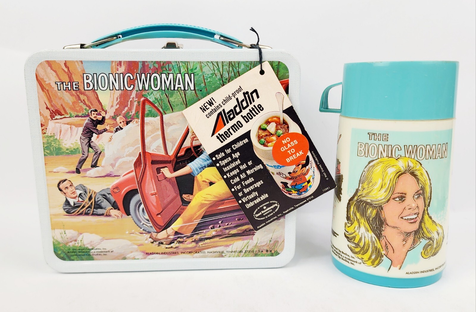 BEAUTIFUL BIONIC WOMAN LUNCHBOX W/ THERMOS & HANG TAG ALADDIN INDUSTRIES NM+ BEAUTIFUL BIONIC WOMAN LUNCHBOX W/ THERMOS & HANG TAG ALADDIN INDUSTRIES NM+