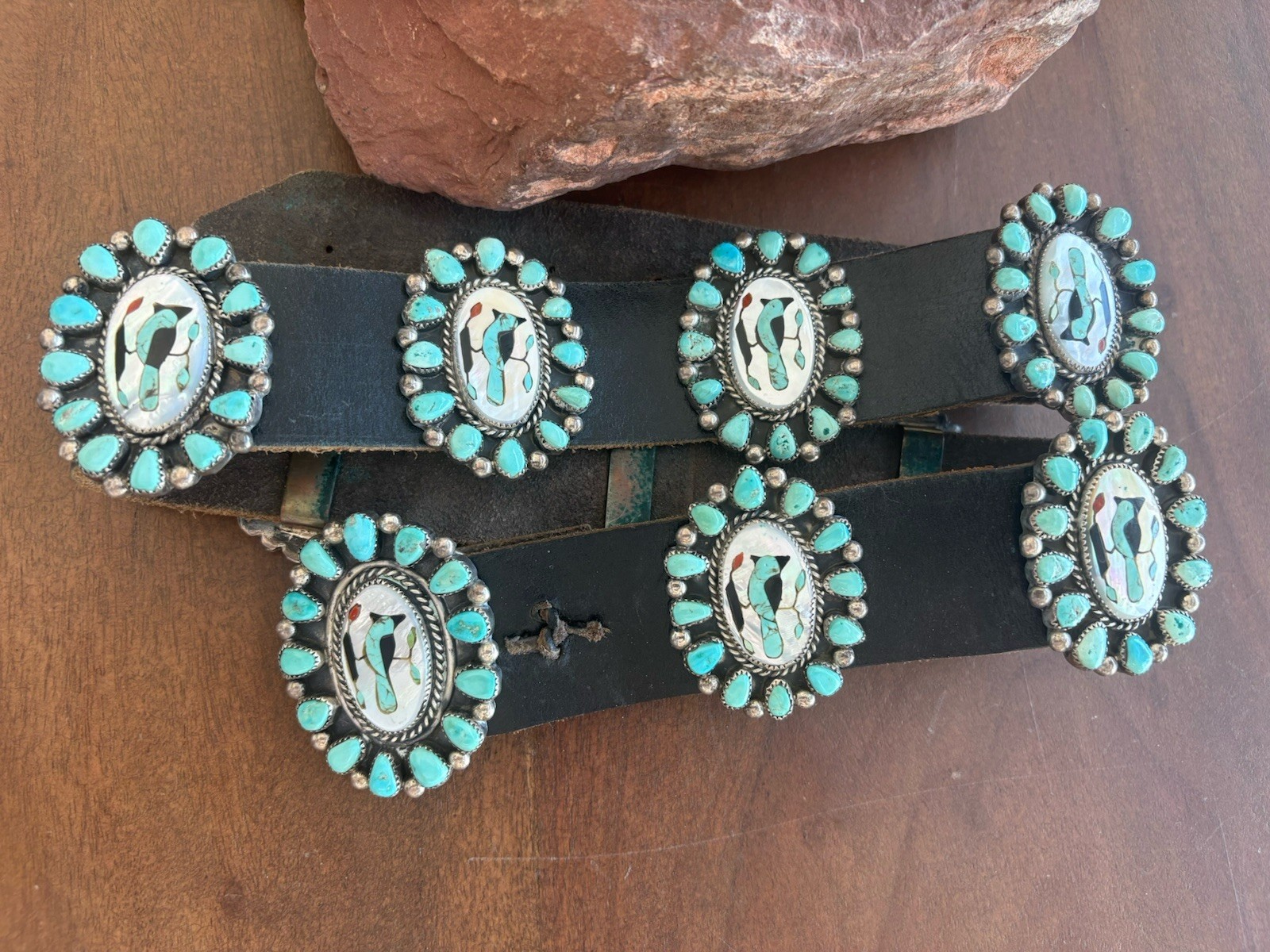 Vintage Inlay Concho Belt Blue Jay Bird Turquoise Coral Cluster Native Navajo Vintage Inlay Concho Belt Blue Jay Bird Turquoise Coral Cluster Native Navajo