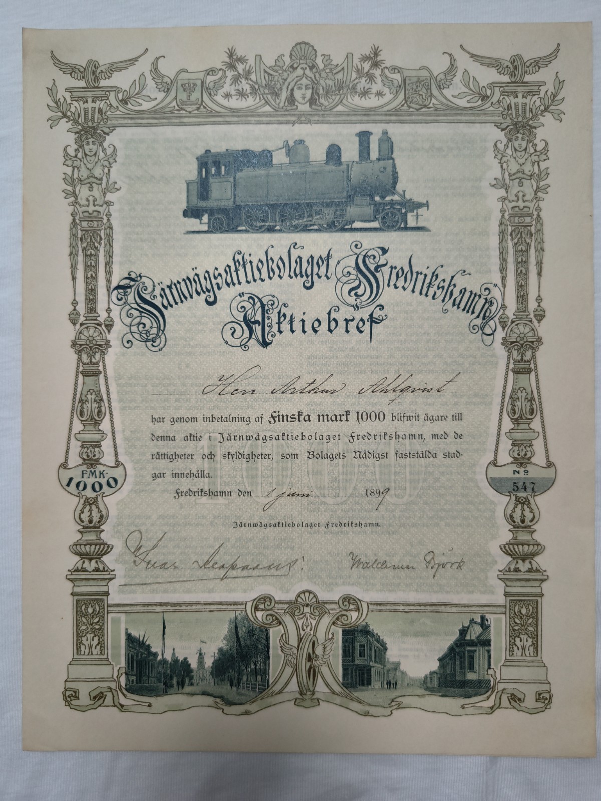 Rare 1899 Finnish Railway Share Certificate Fredrikshamn Locomotive FMK 1000 Rare 1899 Finnish Railway Share Certificate Fredrikshamn Locomotive FMK 1000