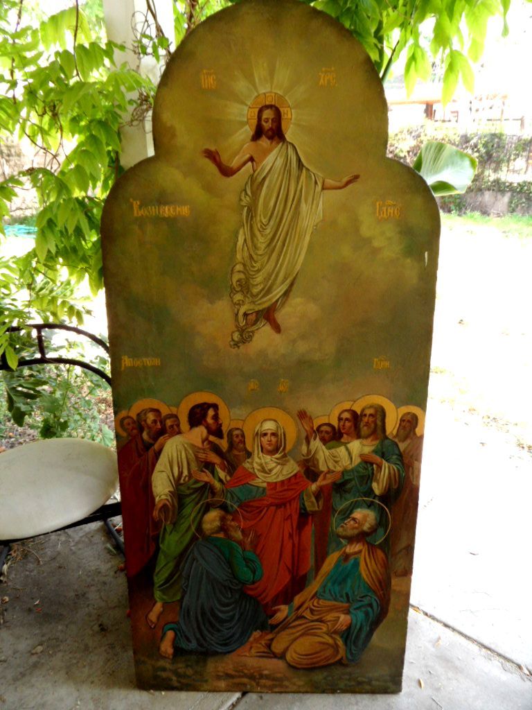 19C Large Antique Russia Russian Church Ascension of God Icon 64 x 28 inch 19C Large Antique Russia Russian Church Ascension of God Icon 64 x 28 inch