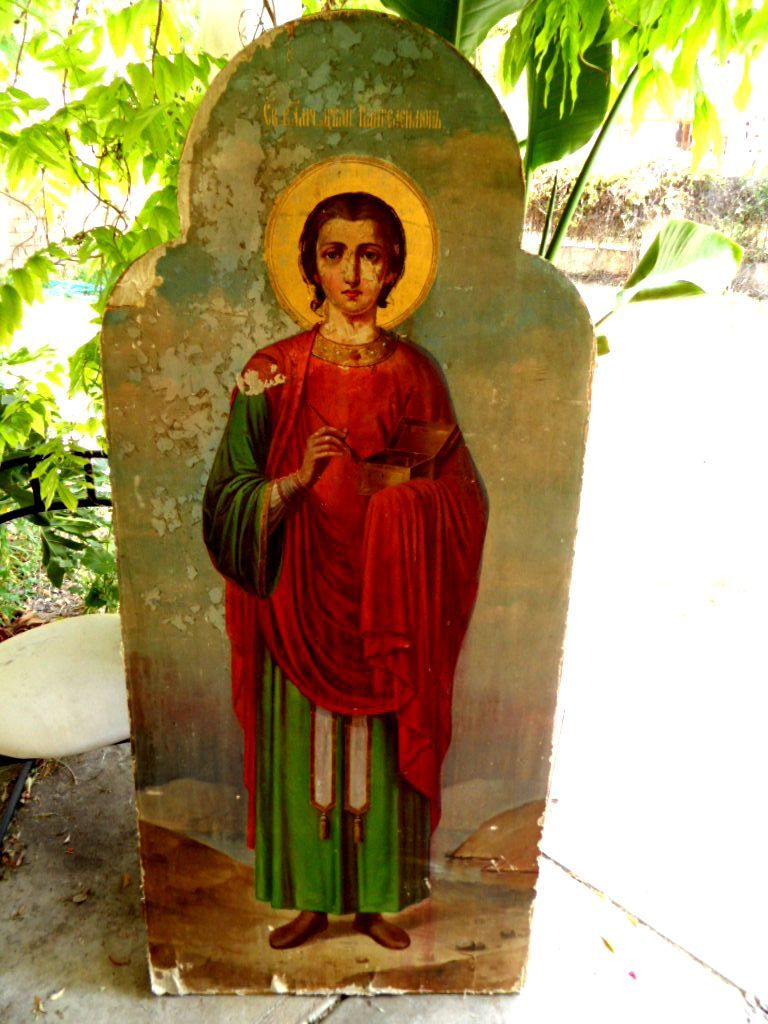 19C Large Antique Russia Russian Church St Healer Panteleimon Icon 64 x 28 inch 19C Large Antique Russia Russian Church St Healer Panteleimon Icon 64 x 28 inch