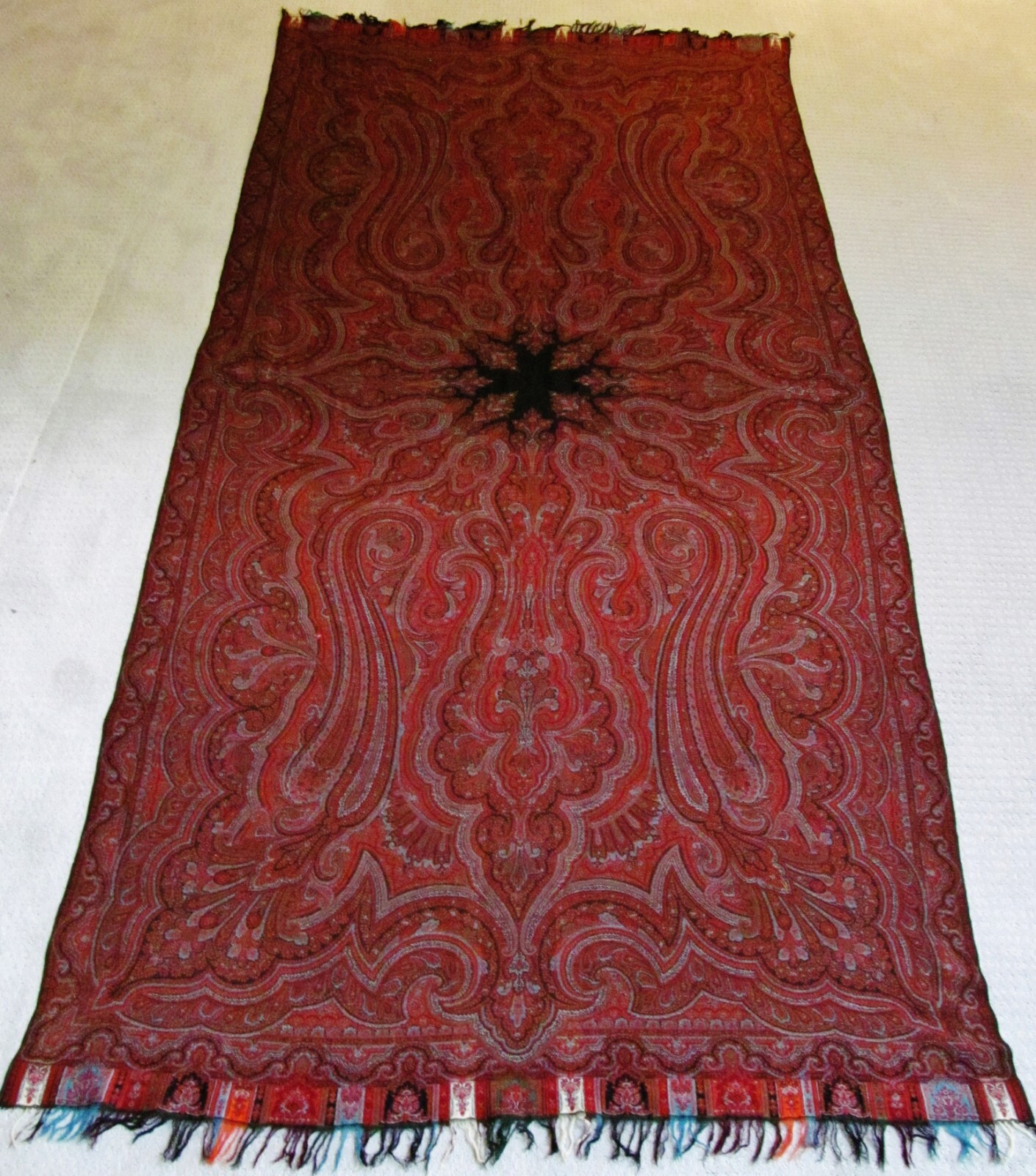  Antique 19th Century French Paisley Kashmir Design Shawl With Black Medallion.
