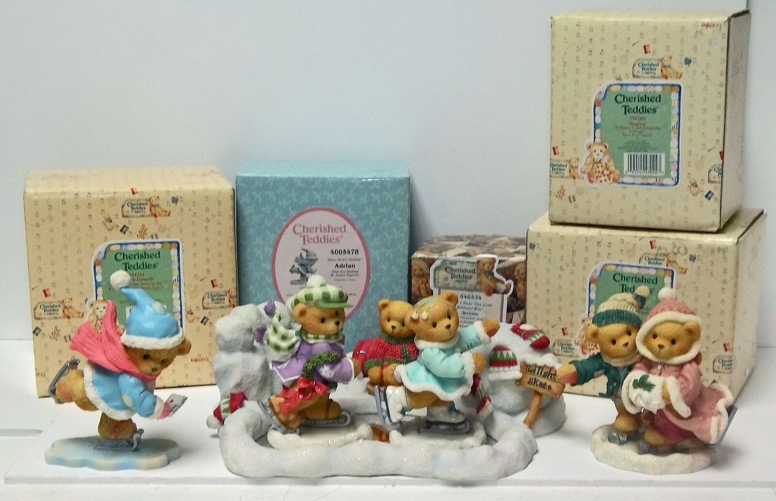 Cherished Teddies Skaters Adam, Shannon, Jerome (Avon), Adrian, Keith + Display Cherished Teddies Skaters Adam, Shannon, Jerome (Avon), Adrian, Keith + Display