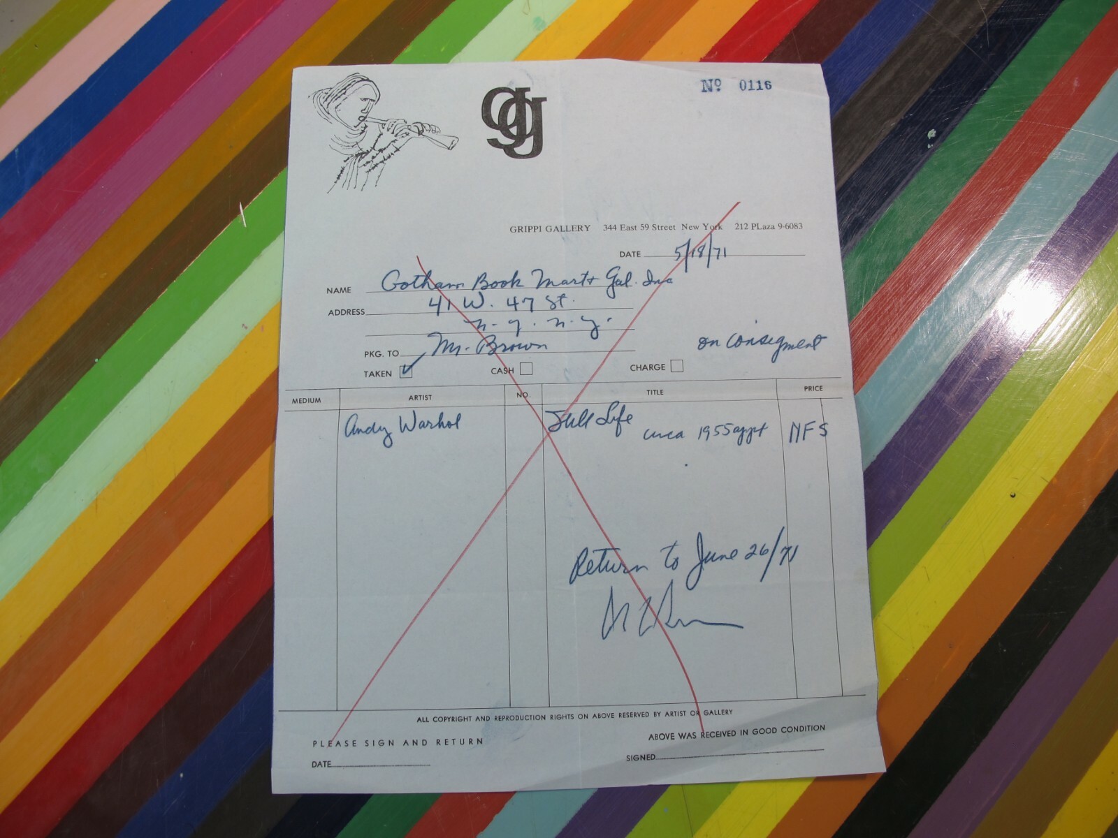 vtg 1971 paper receipt for Andy Warhol painting -Grippi Gallery Gotham Book Mart