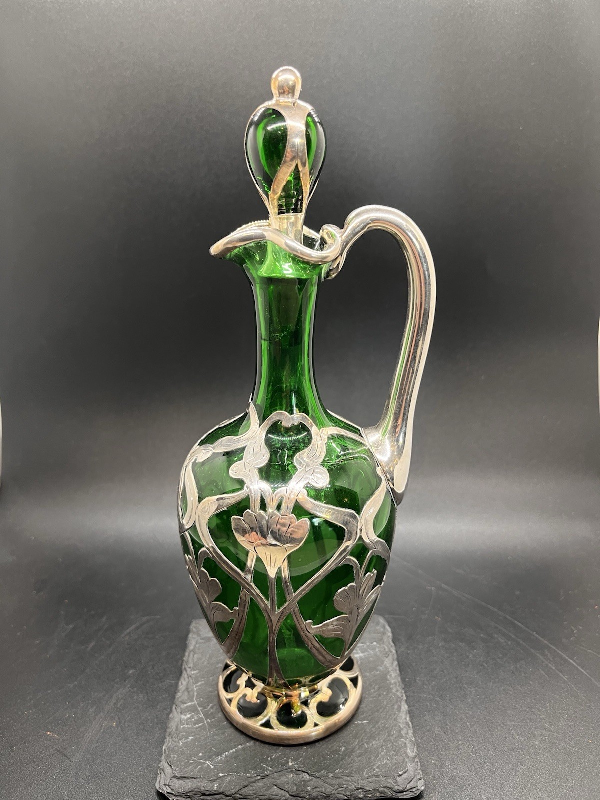 Gorgeous La Pierre Green Glass Sterling Overlay Handled Bottle With Stopper 9”