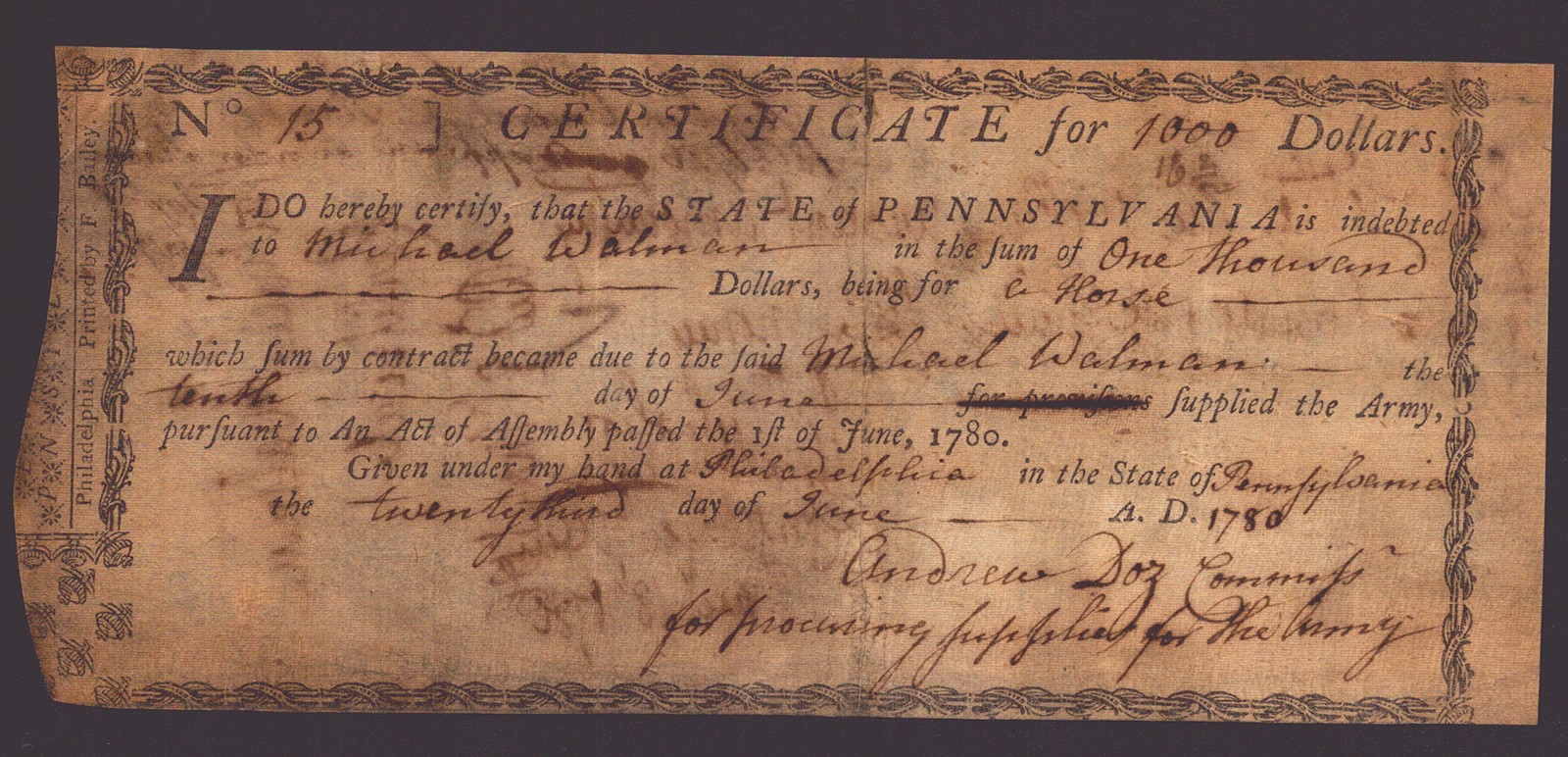 JOHN NICHOLSON - PROMISSORY NOTE SIGNED 03/18/1786 CO-SIGNED BY: ANDREW DOZ