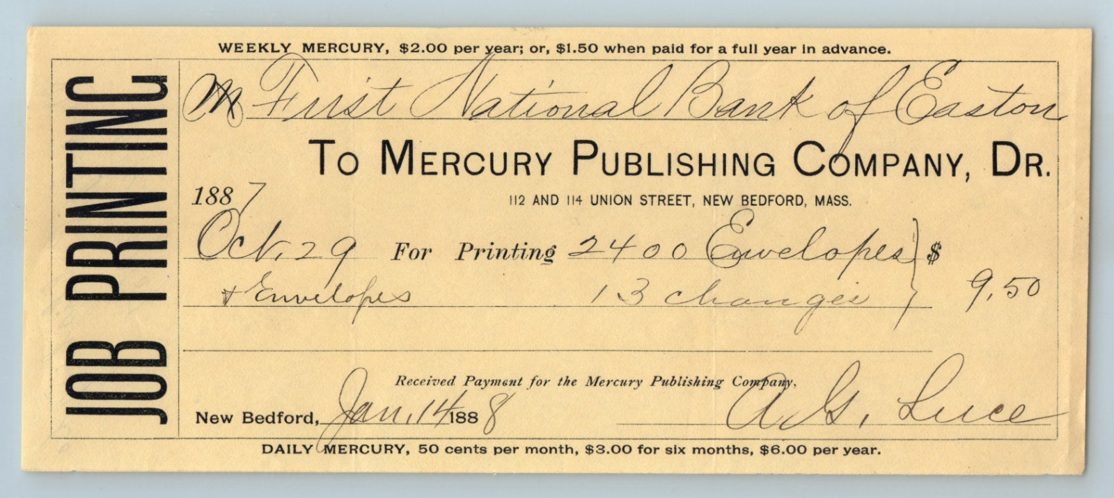 Check Mercury Publishing Company Bedford MA 1/14 1888 First National Bank Easton Check Mercury Publishing Company Bedford MA 1/14 1888 First National Bank Easton