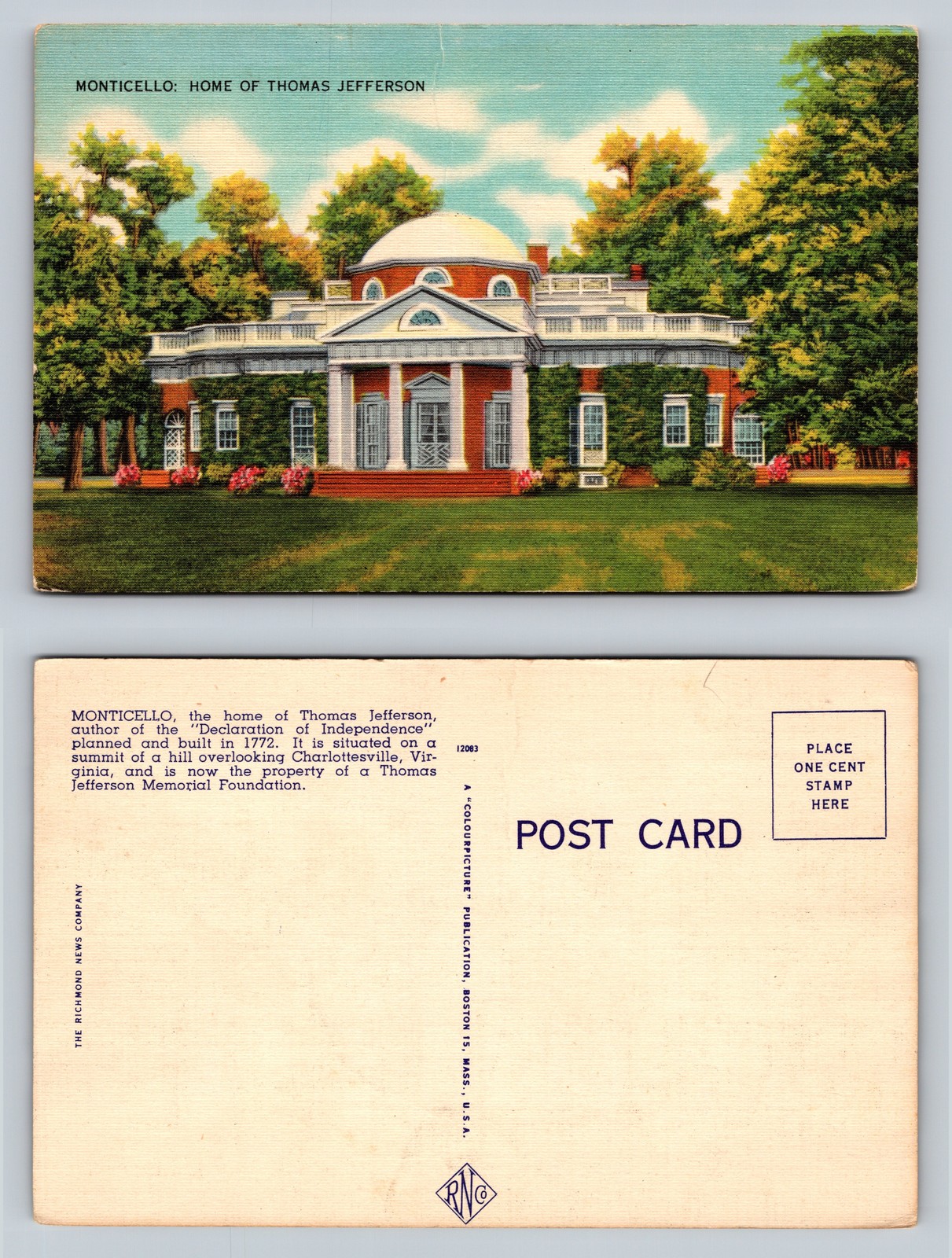 Monticello Home of Thomas Jefferson Vintage Postcard Unique Design Picture Card Monticello Home of Thomas Jefferson Vintage Postcard Unique Design Picture Card